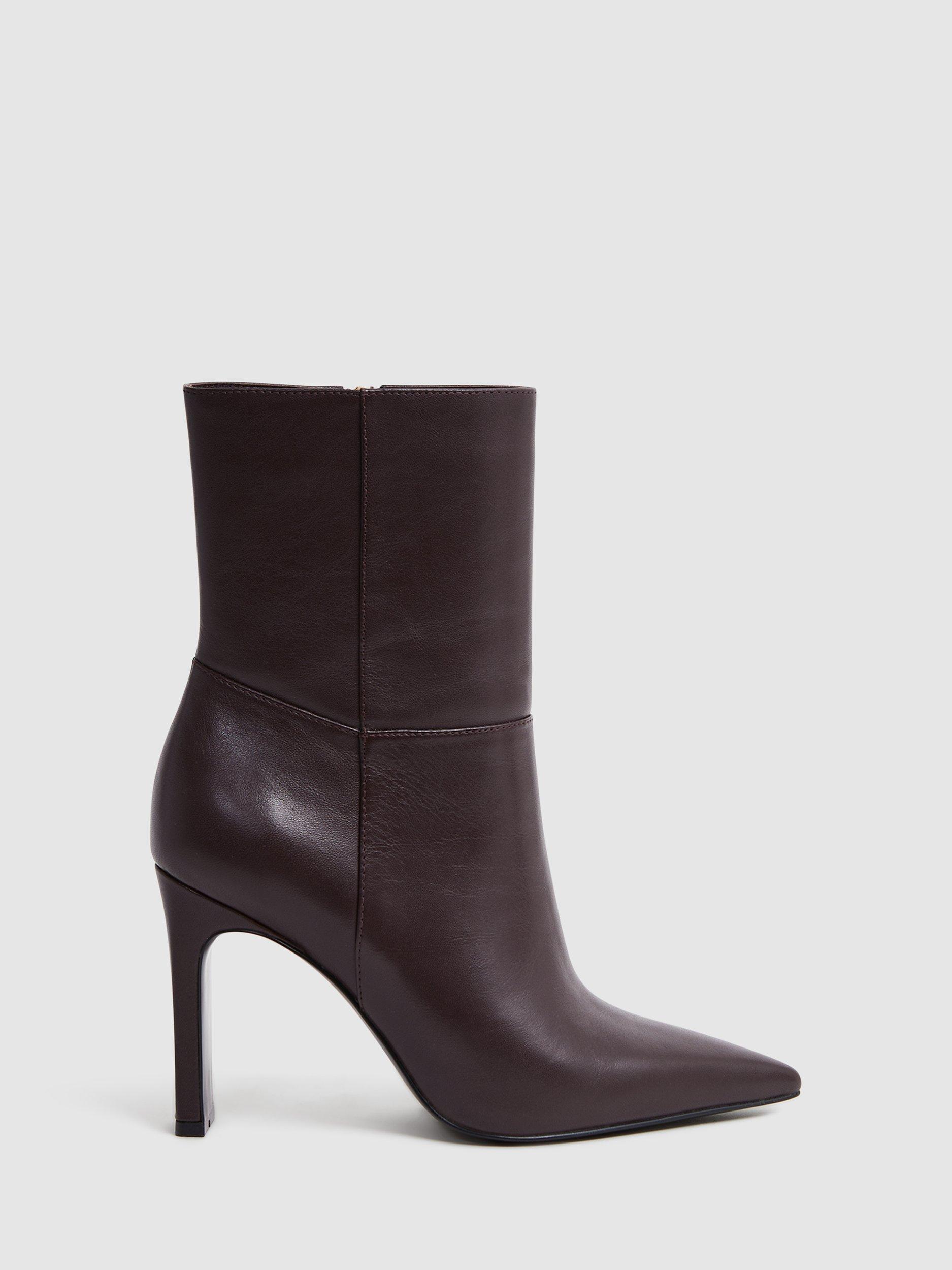 Reiss Vanessa Pointed Toe Slim Heel Leather Ankle Boots, Burgundy