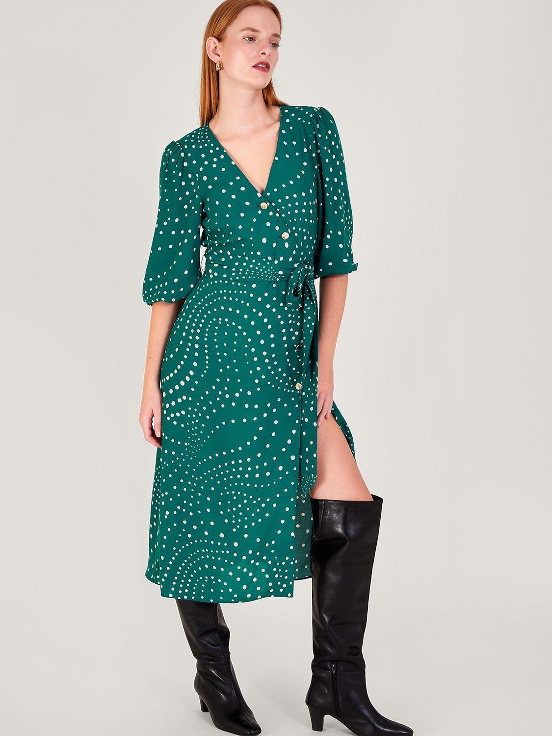 Monsoon Emer Spot Wrap Dress, Green