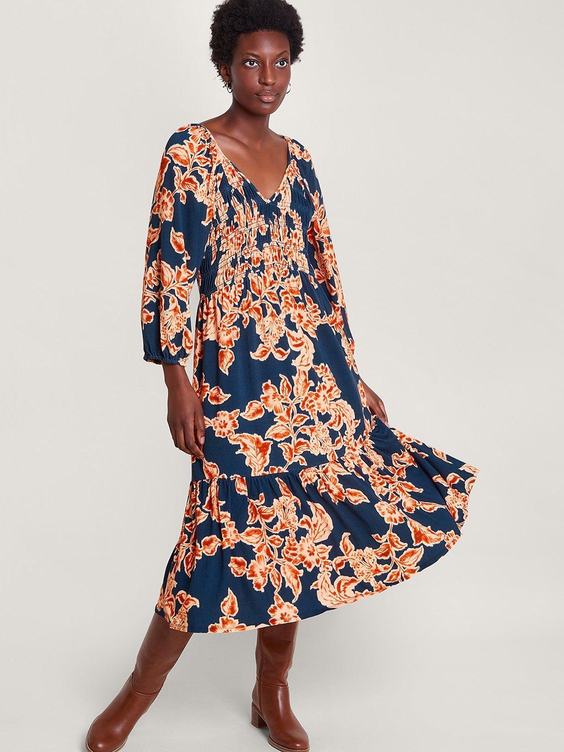 Monsoon Fora Floral Midi Dress, Navy