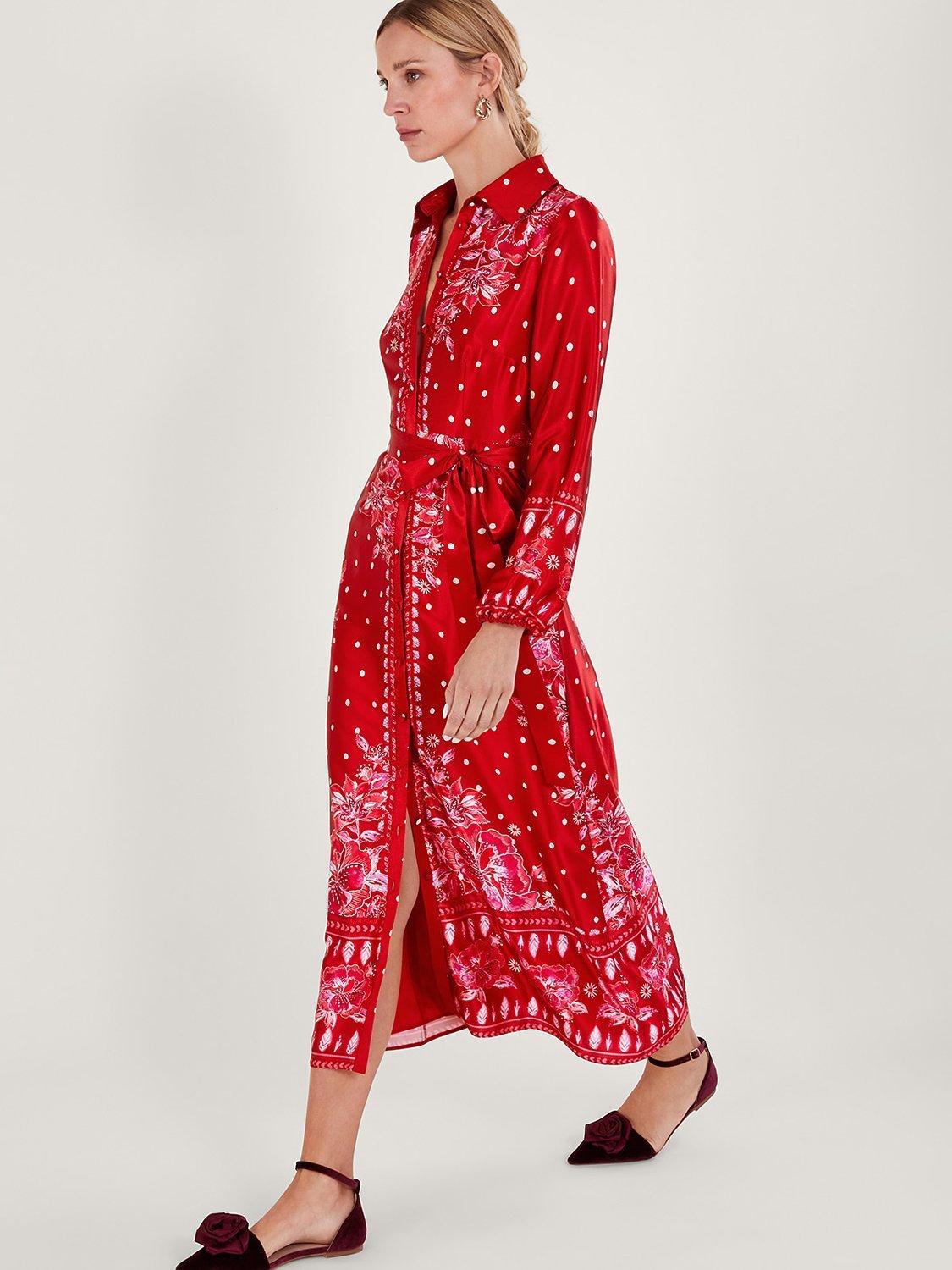 Monsoon Shiloh Satin Shirt Dress, Red