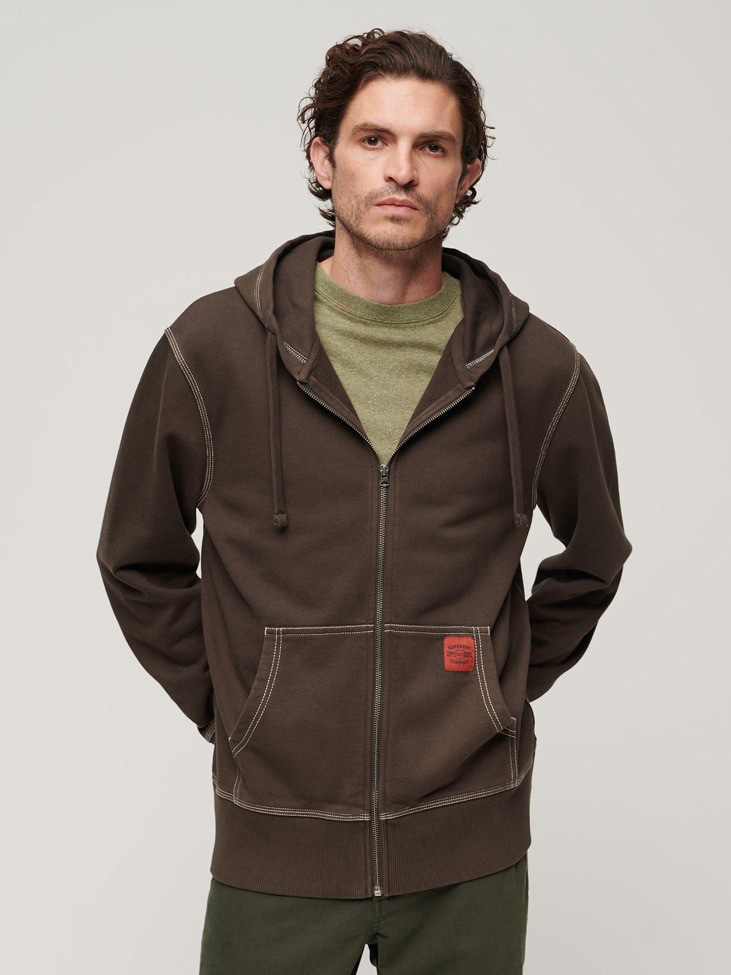 Superdry Contrast Stitch Relaxed Fit Zip Hoodie, Dusk Brown