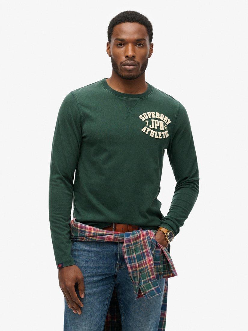 Product image 1 of 6, which shows Superdry Vintage Athletic Chest Long Sleeve T-Shirt, Enamel Green, S
