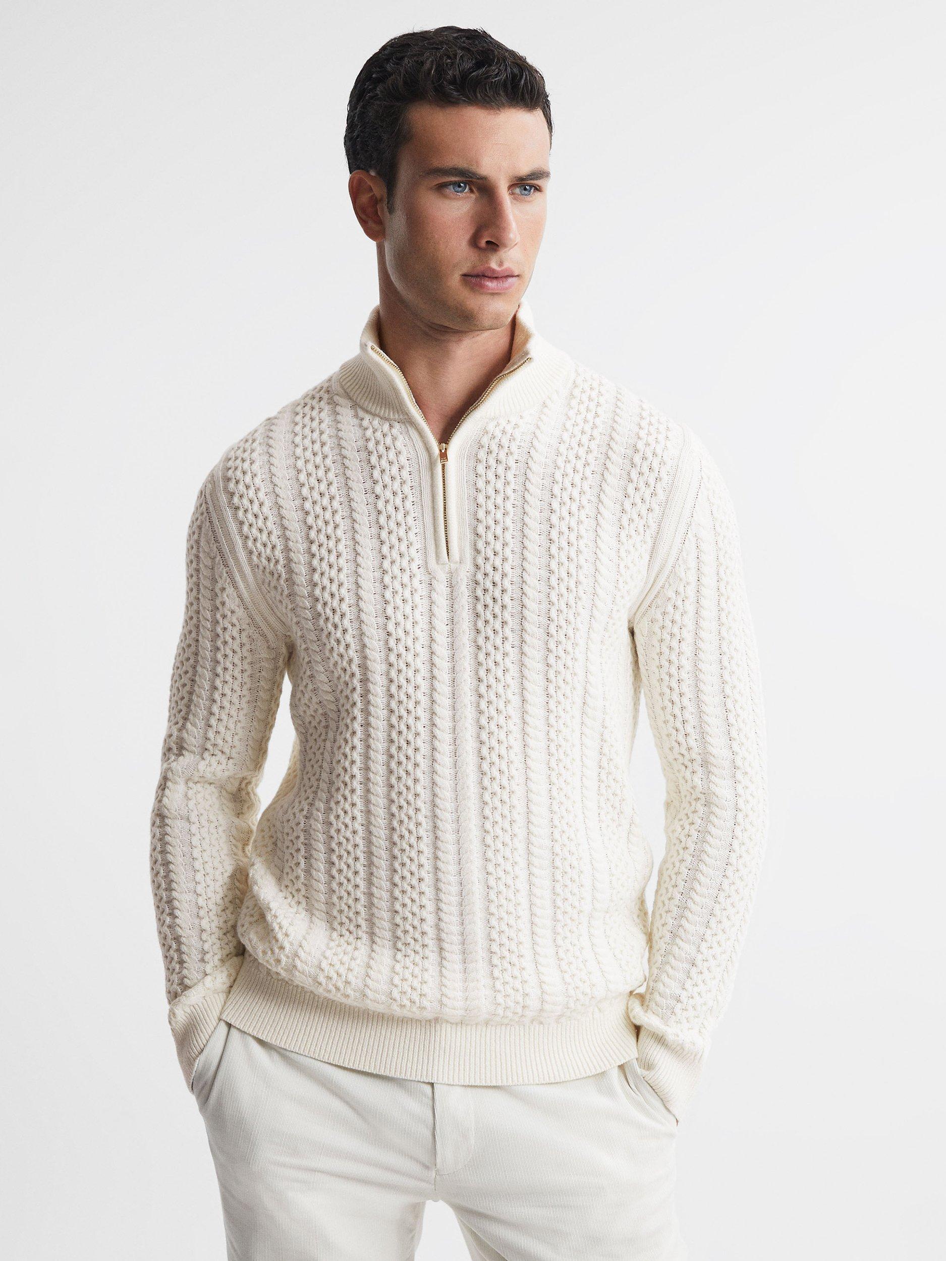 Reiss Bantham Cable Knit Half-Zip Jumper, Ecru