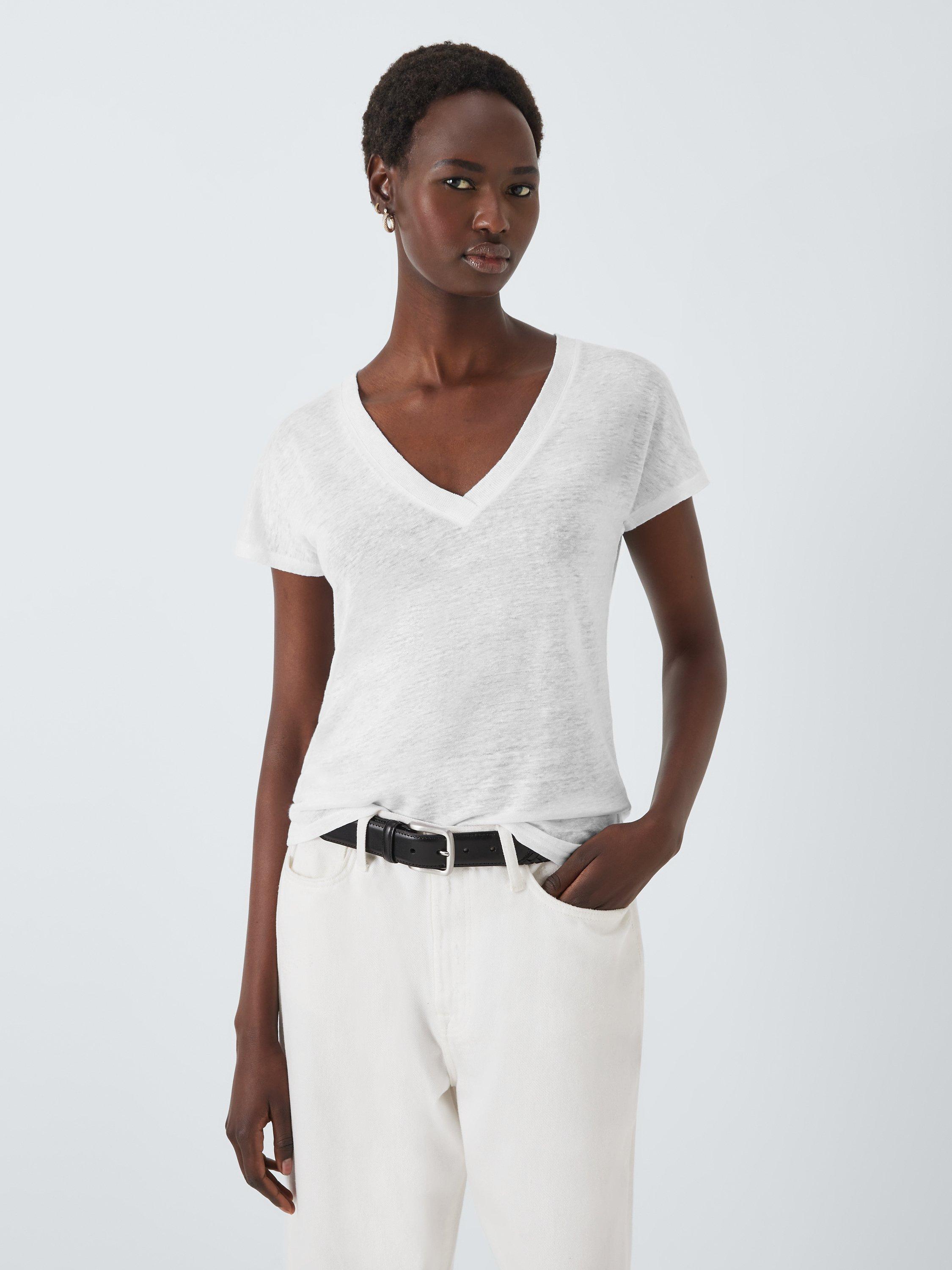 John Lewis Linen V-Neck T-Shirt, White, 20