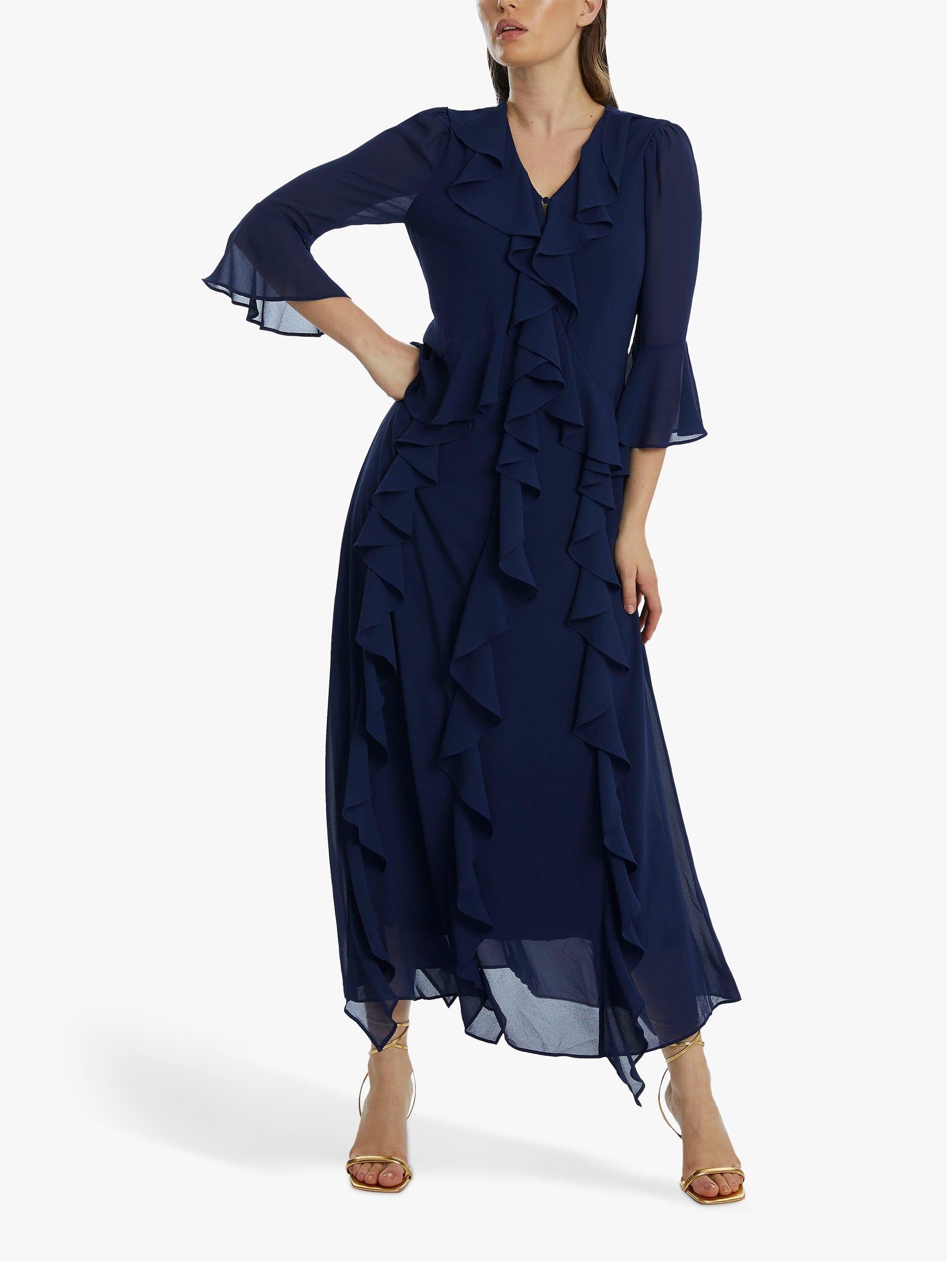 Product image 1 of 4, which shows James Lakeland V-neck Chiffon Ruffle Maxi Dress, Navy, 8