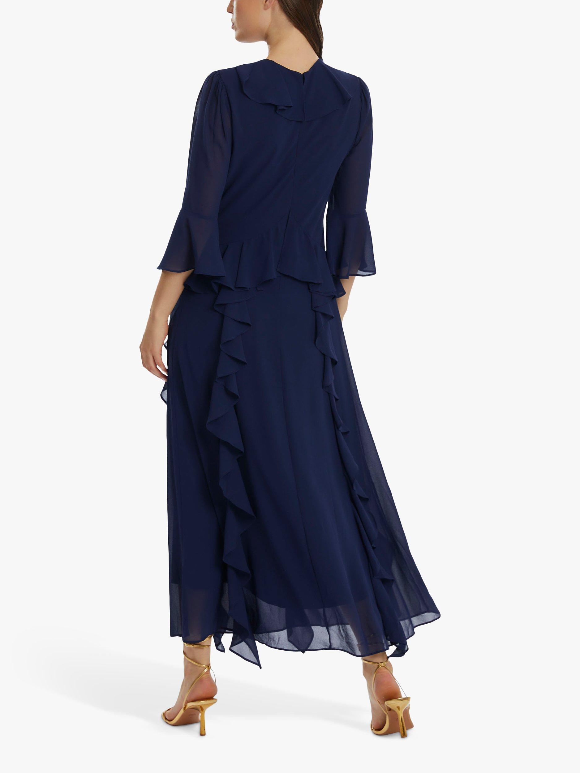 Product image 2 of 4, which shows James Lakeland V-neck Chiffon Ruffle Maxi Dress, Navy, 8