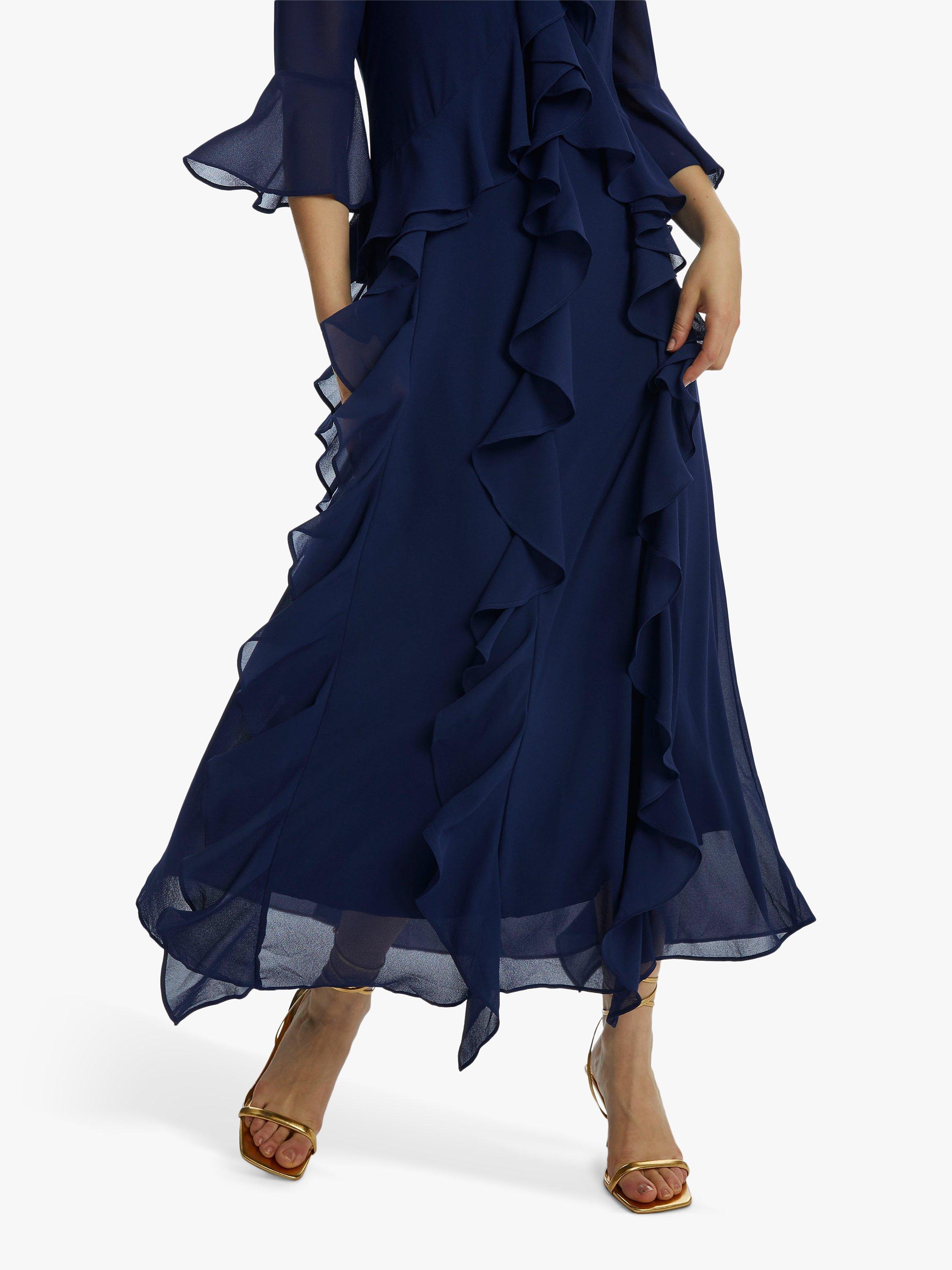Product image 3 of 4, which shows James Lakeland V-neck Chiffon Ruffle Maxi Dress, Navy, 8