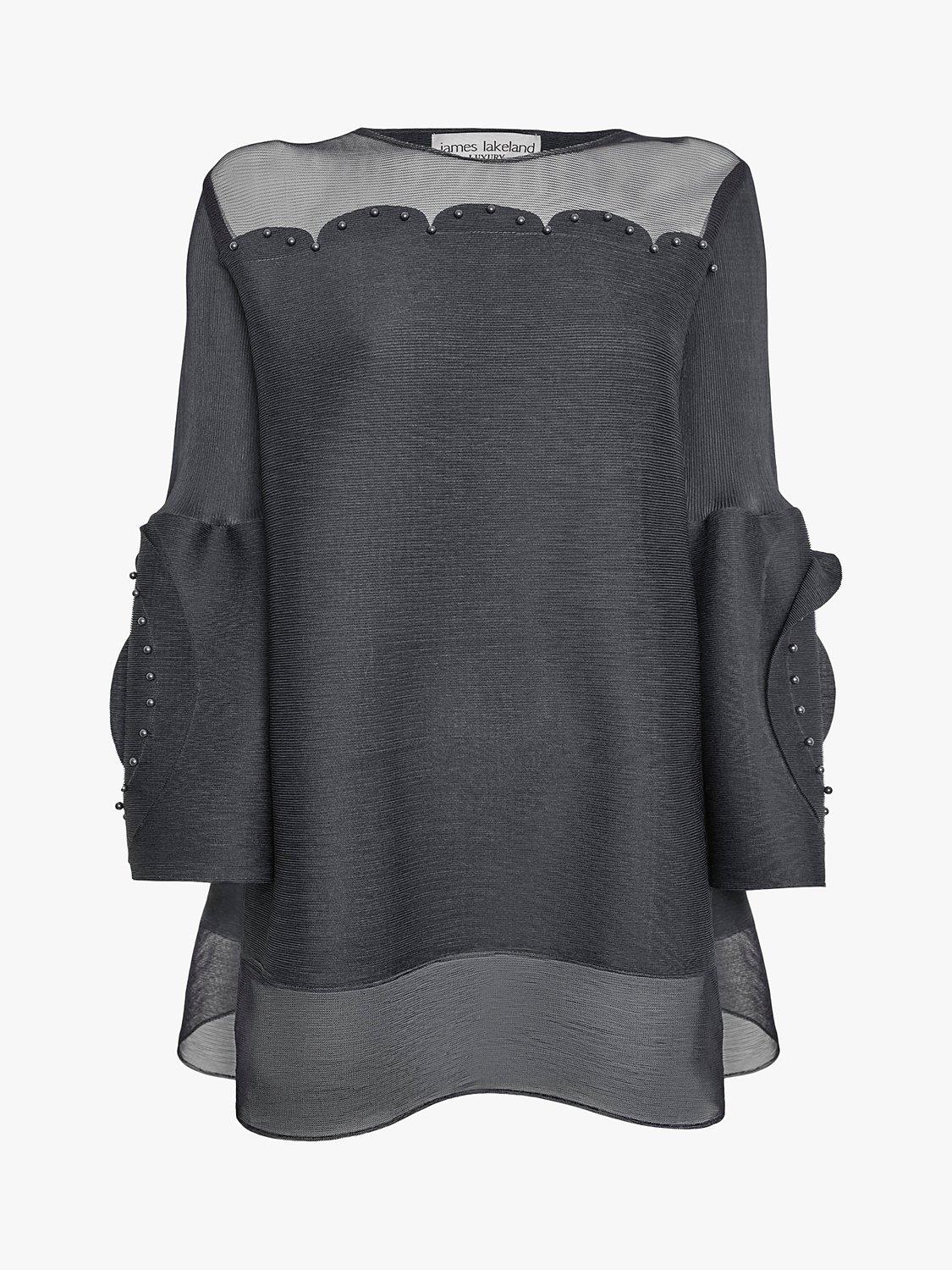 Product image 4 of 4, which shows James Lakeland Rose Detail Sleeves Pleated Top, Charcoal, S-M