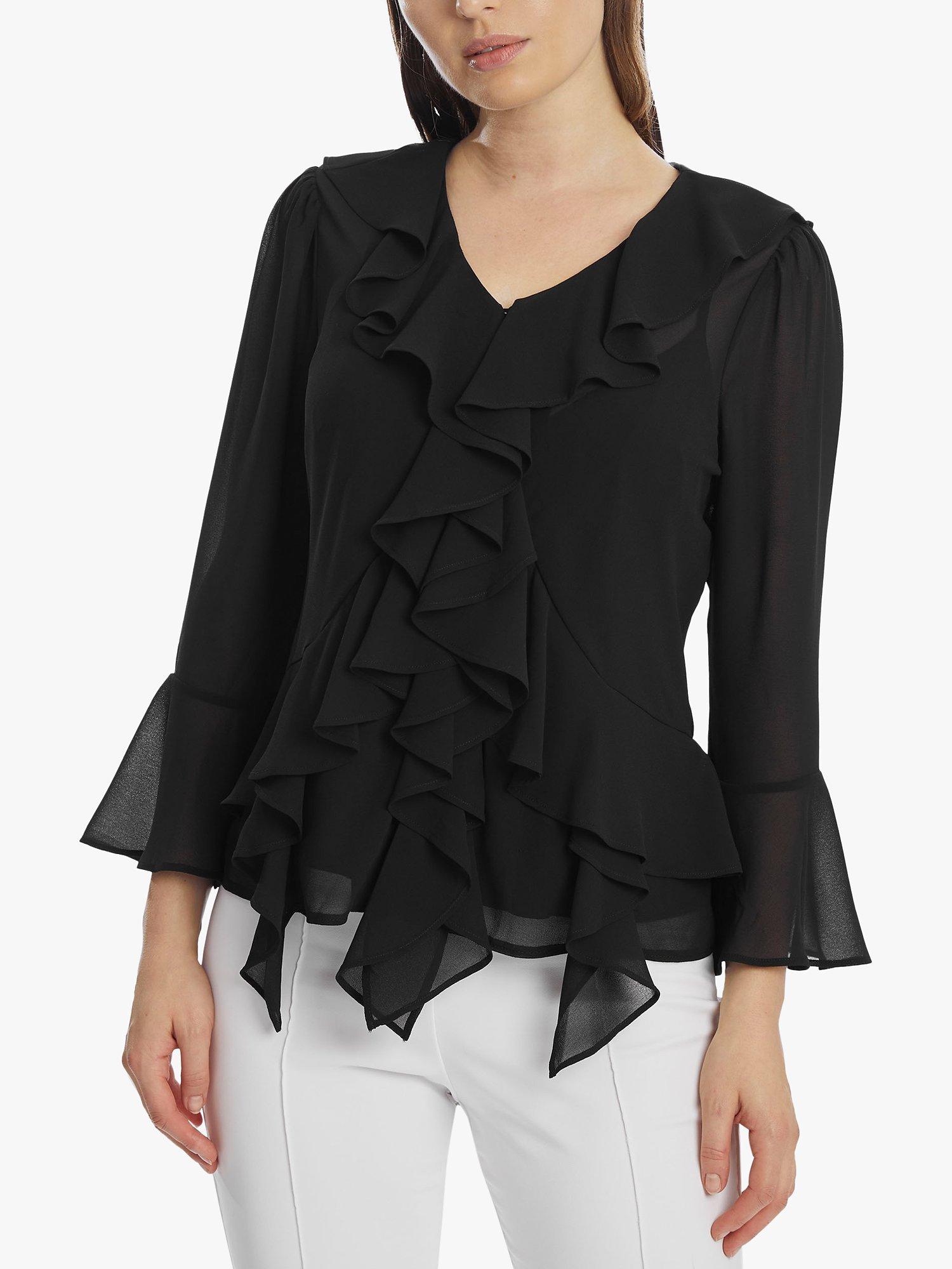 Product image 2 of 5, which shows James Lakeland V-Neck Chiffon Ruffle Blouse, Black, 8