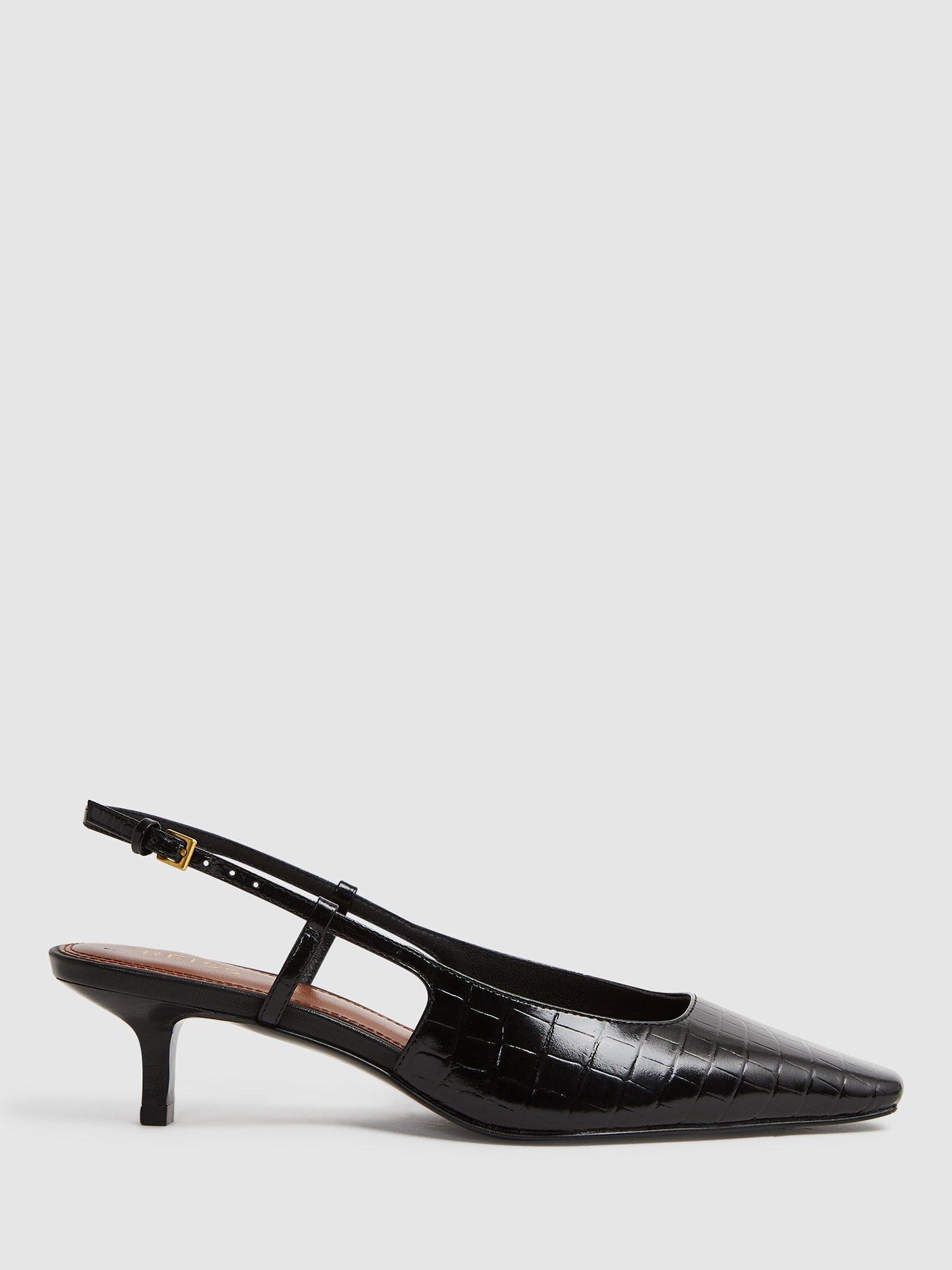 Reiss Jade Croc Effect Leather Kitten Heel Slingback Court Shoes, Black