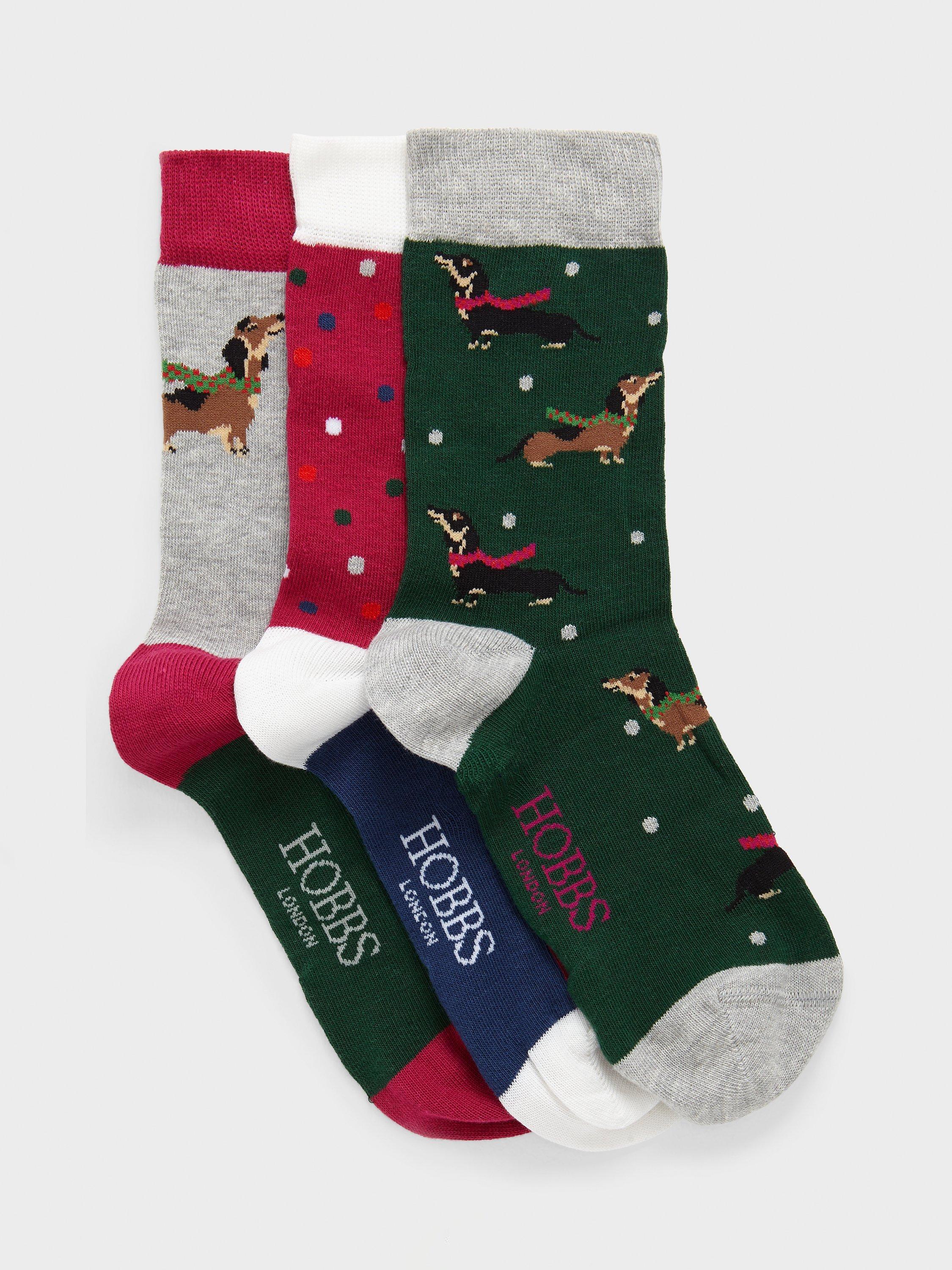 Product image 1 of 3, which shows Hobbs Cotton Blend Winter Dachshund Sock Set, Pink/Multi, One Size