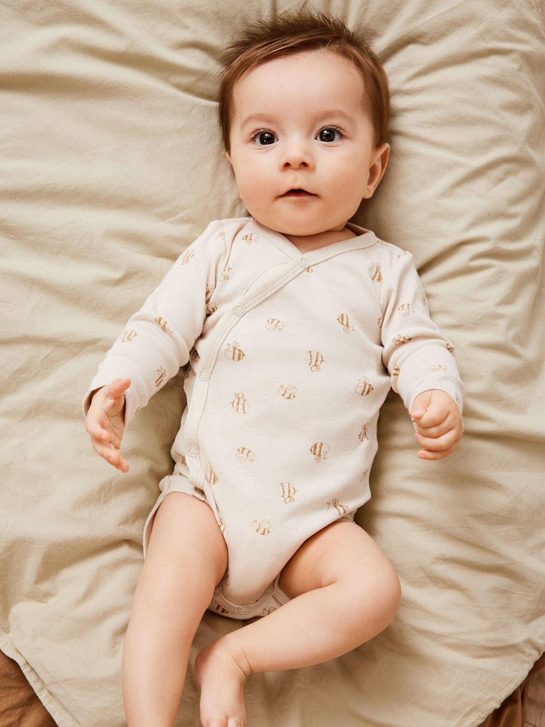 NAME IT Baby Organic Cotton Bees Print Wrap Over Bodysuits, Pack of 2, Rainy Day