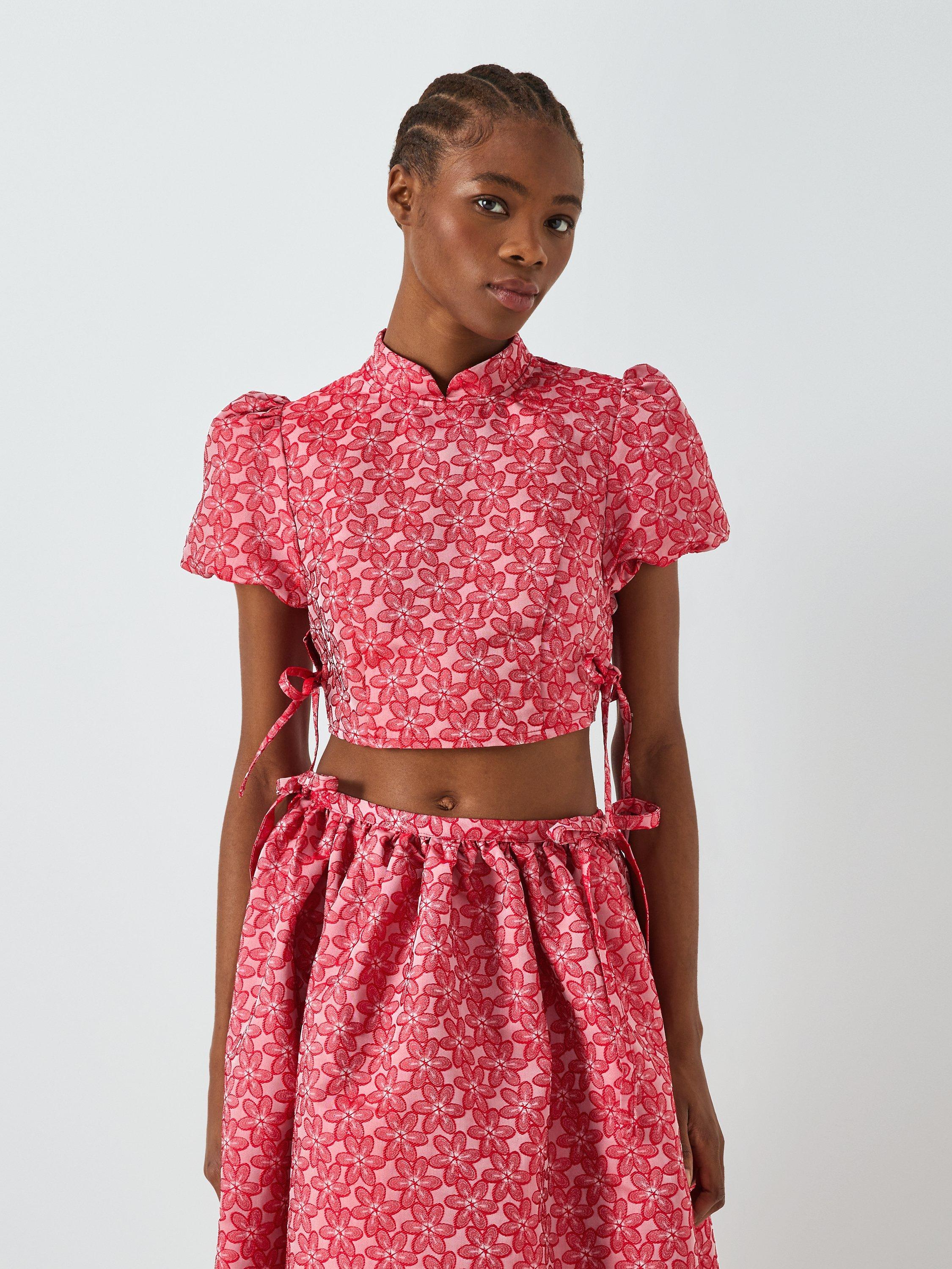 Sister Jane Floral Jacquard Cropped Top, Red