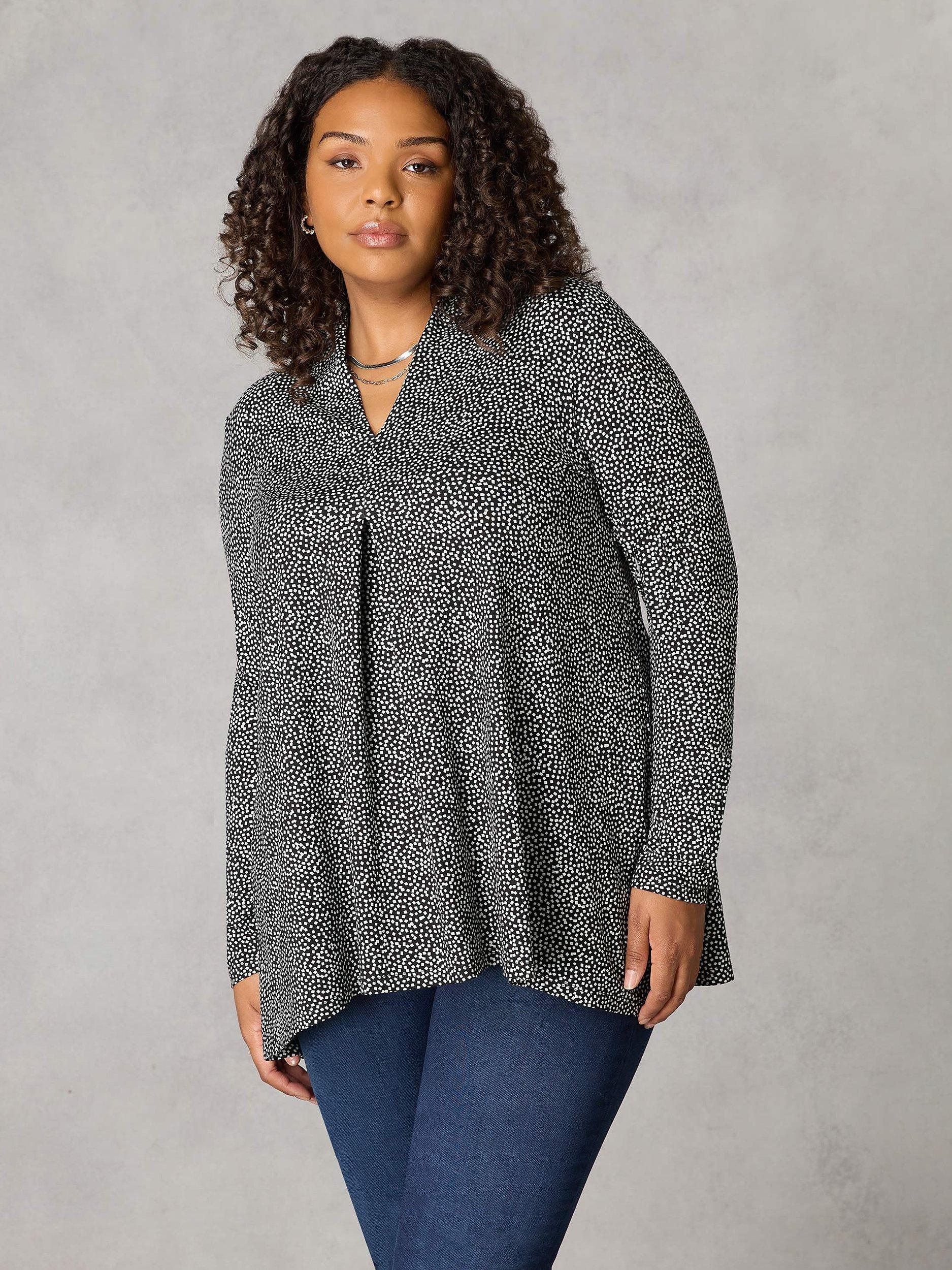 Live Unlimited Curve Mono Dash Print Jersey Pleat Front Top, Black