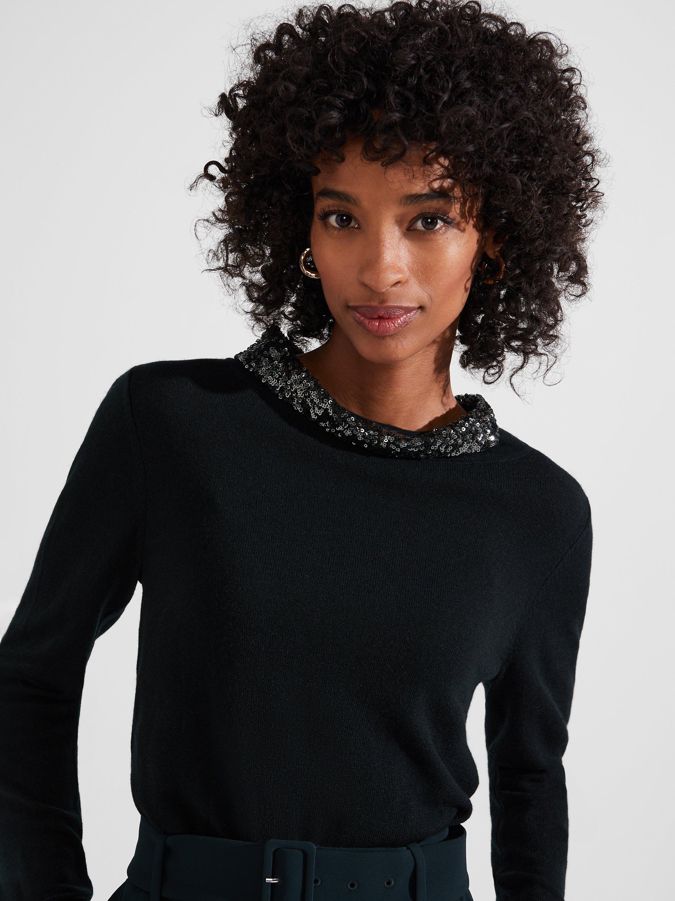 Product image 4 of 5, which shows Hobbs Esther Sequin Neck Wool Blend Jumper, Black, XS