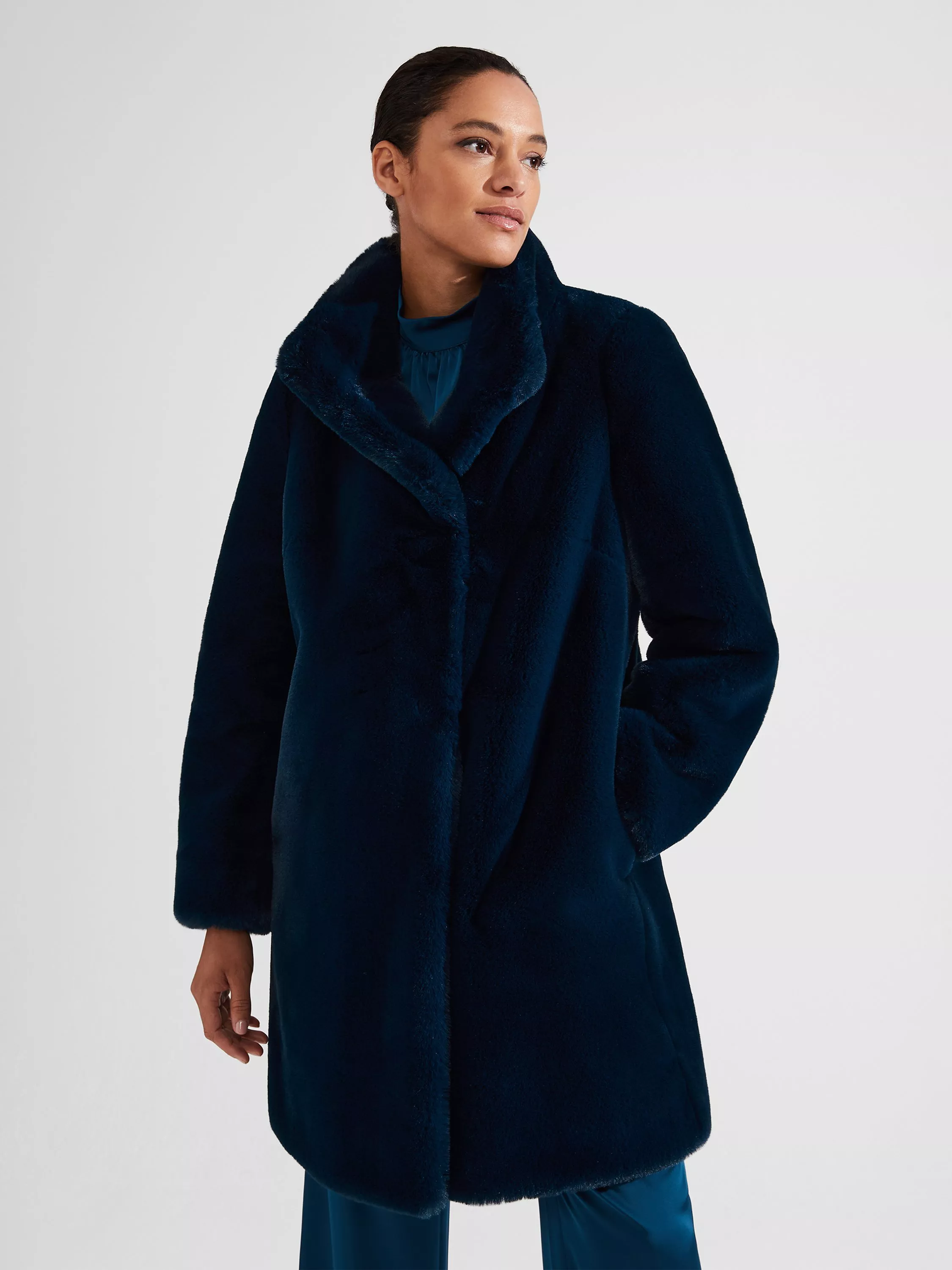 Hobbs Petite Maddox Faux Fur Coat Steel Blue