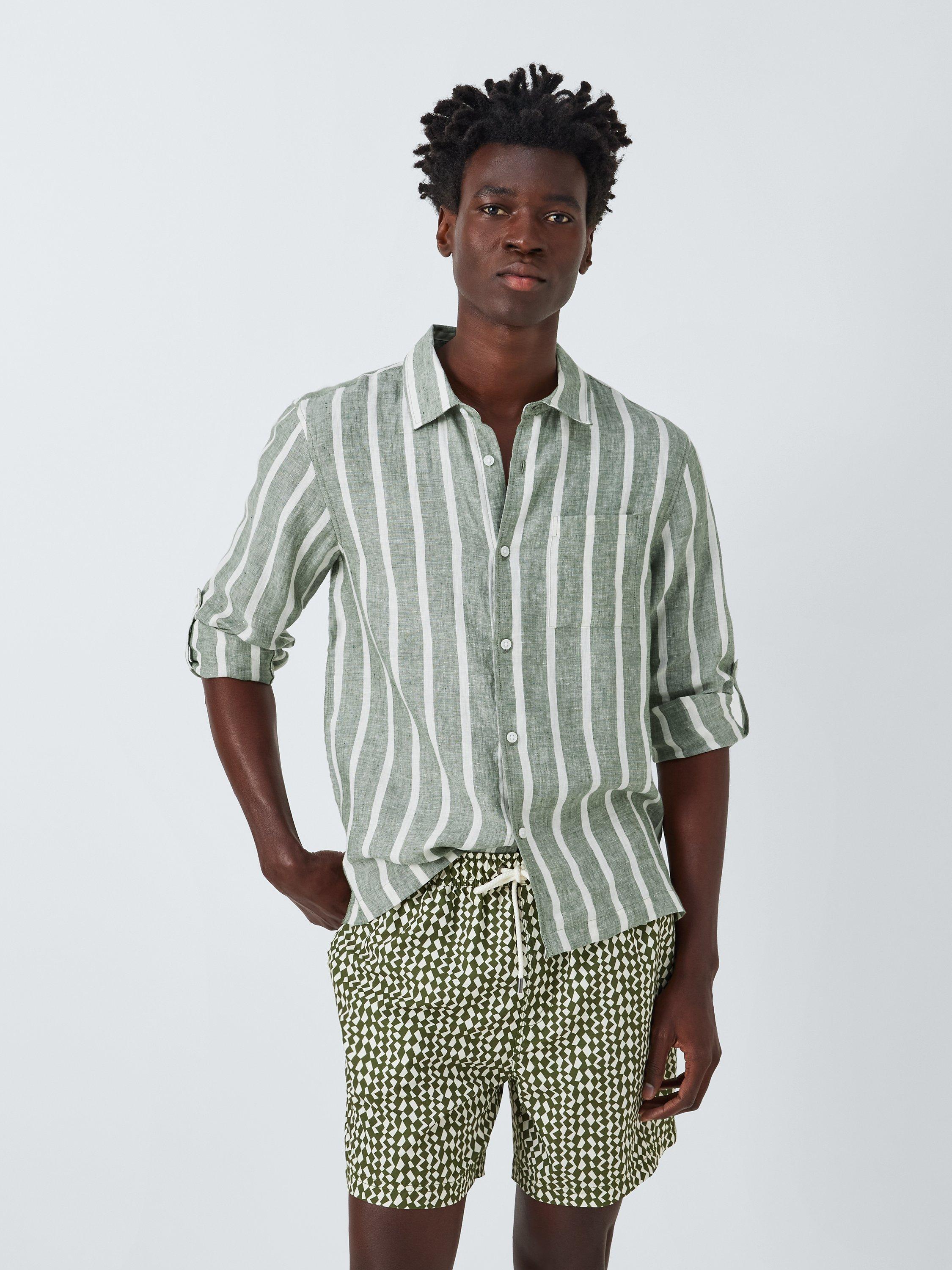 John Lewis Striped Linen Beach Shirt, Green/White