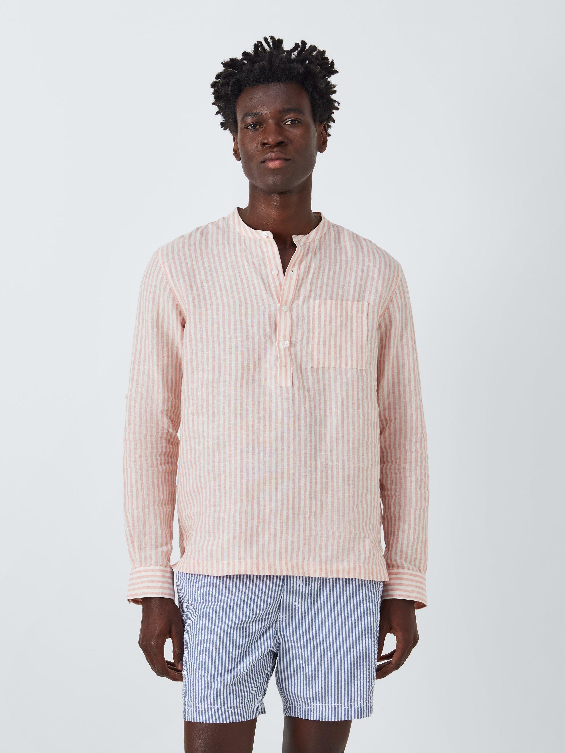 John Lewis Linen Striped Grandad Collar Beach Shirt, Pink/White, L