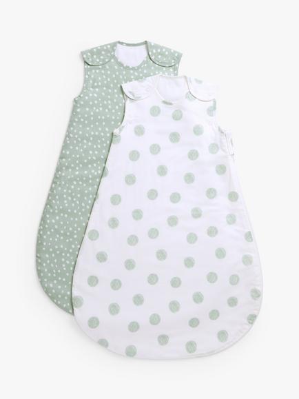 John Lewis Spot Print Baby Sleeping Bag, 1 Tog, Pack of 2, Green/Multi