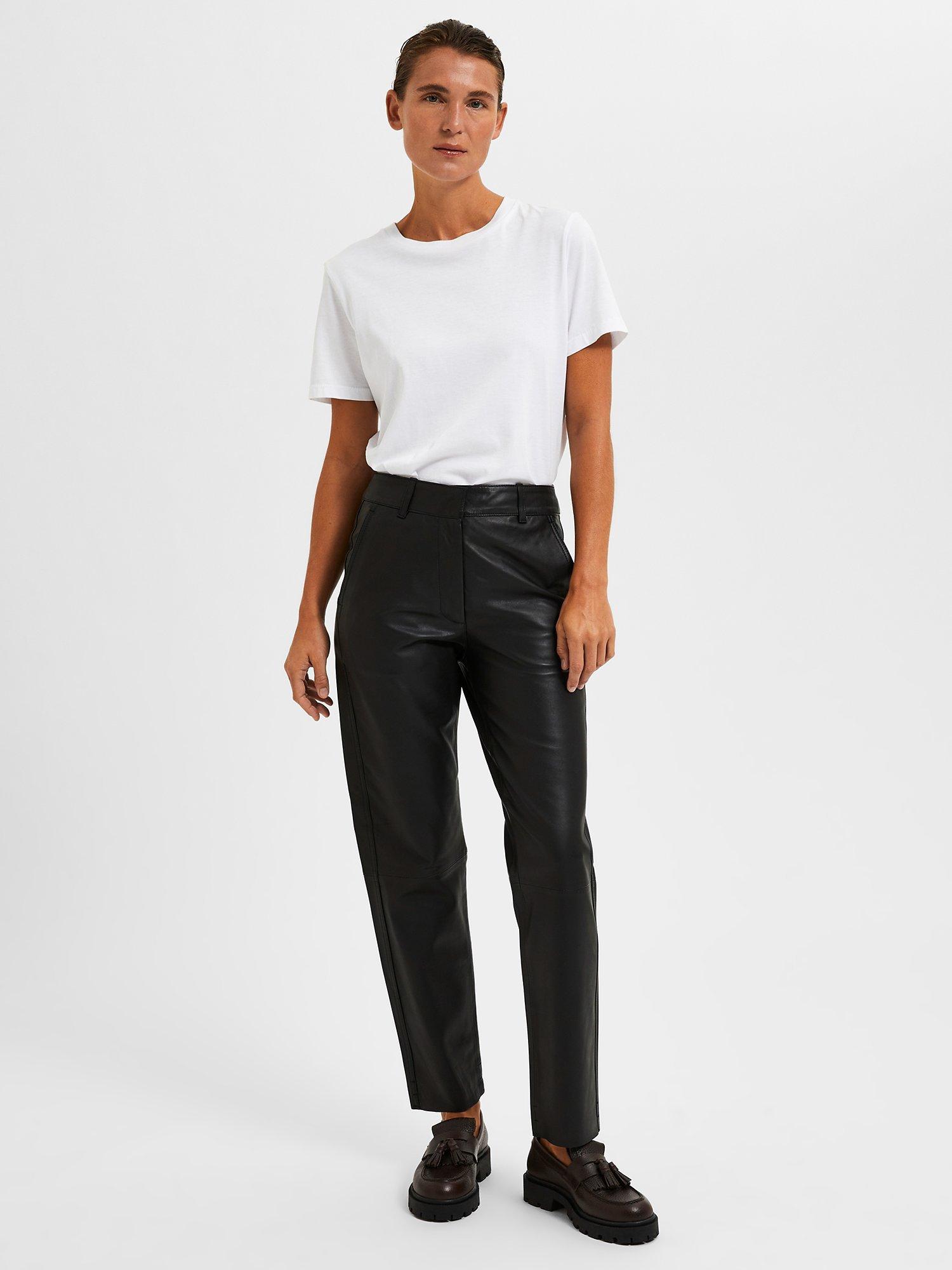SELECTED FEMME Straight Cut Leather Trousers, Black