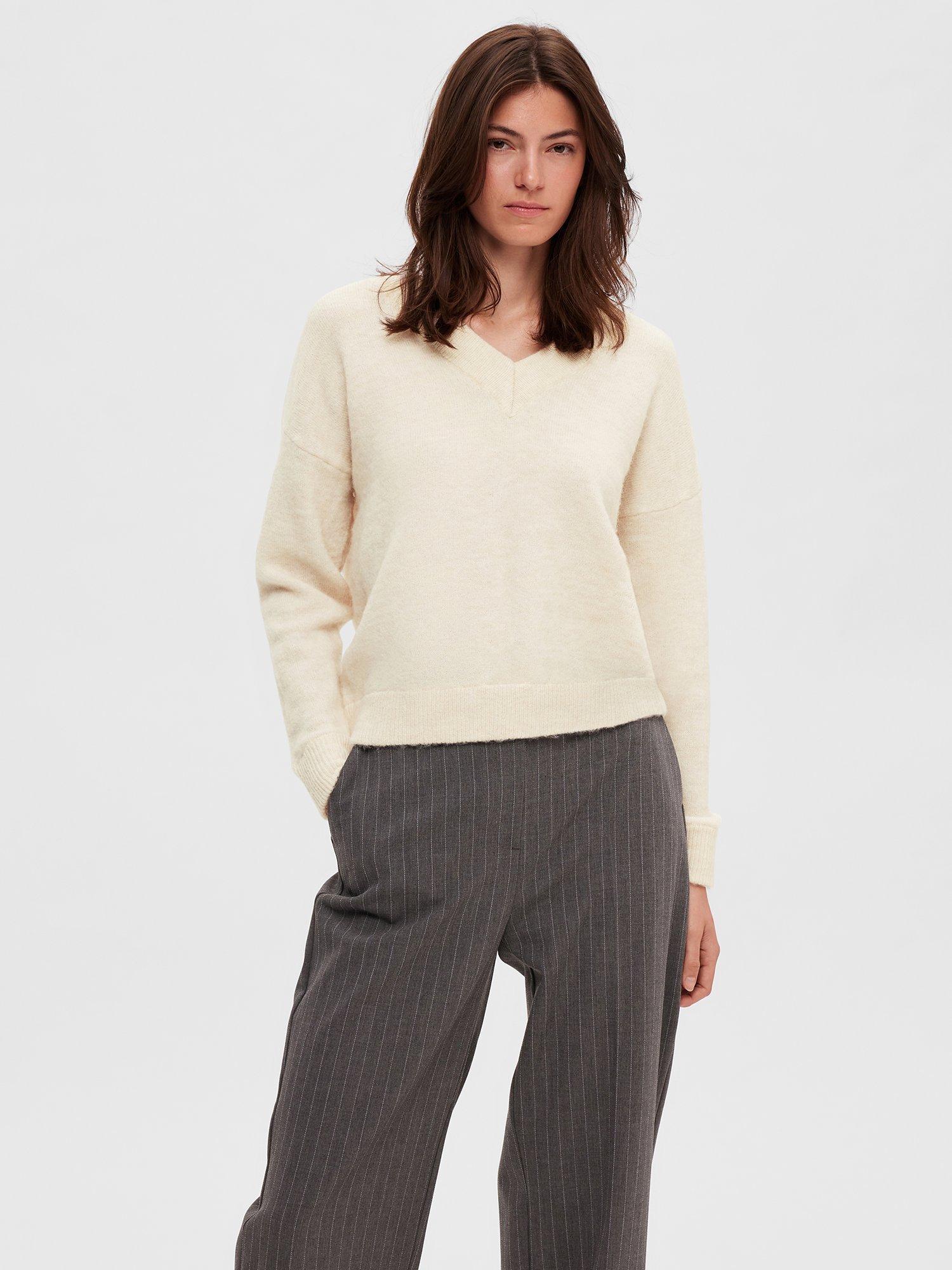 SELECTED FEMME V-Neck Wool Blend Jumper, Birch