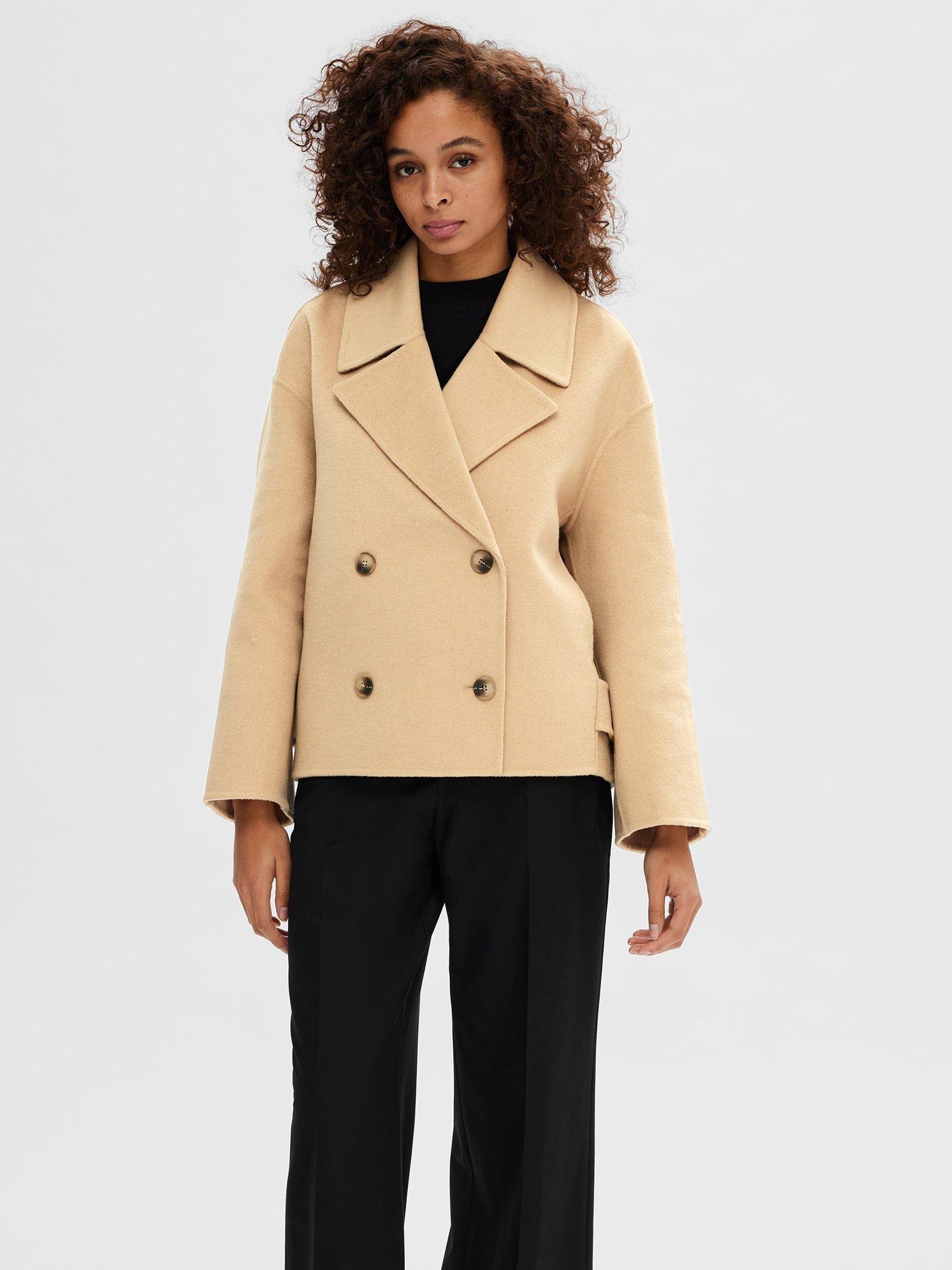 SELECTED FEMME Wool Blend Pea Coat Camel