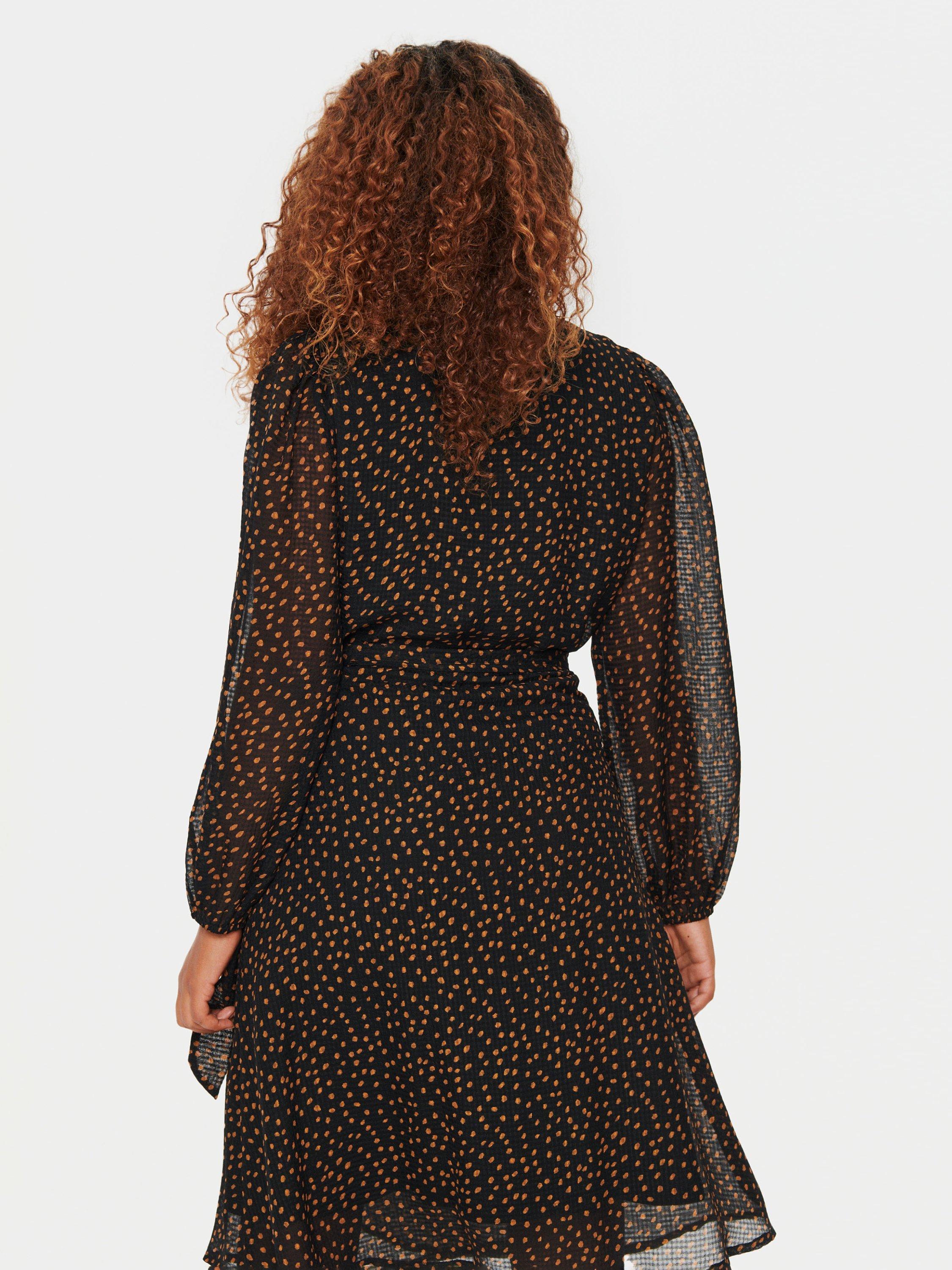 Product image 2 of 6, which shows Saint Tropez Lalah Spot Print Chiffon Wrap Dress, Black/Camel, XS