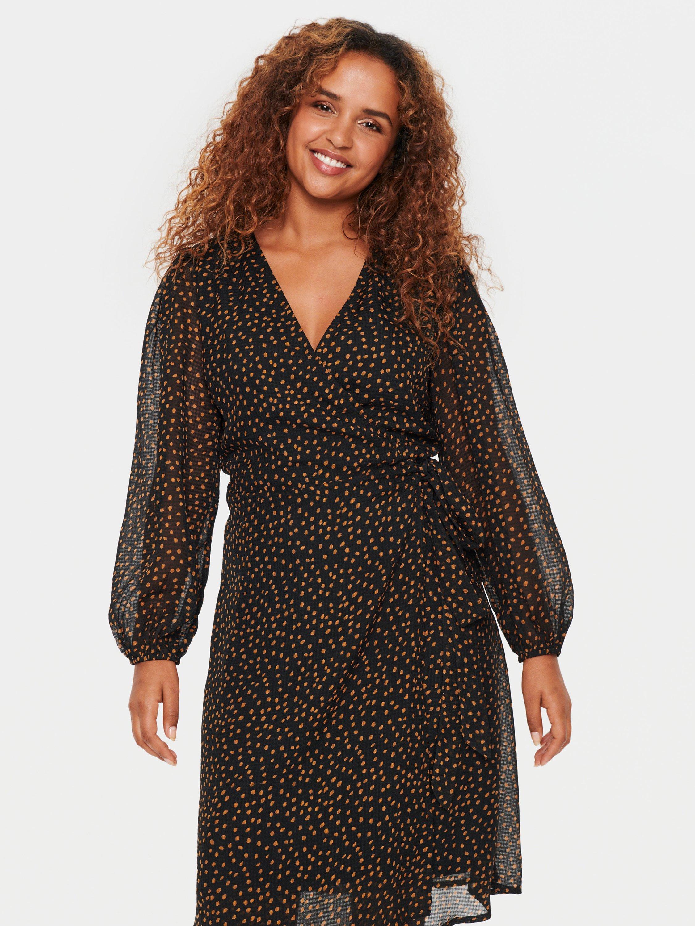 Product image 3 of 6, which shows Saint Tropez Lalah Spot Print Chiffon Wrap Dress, Black/Camel, XS