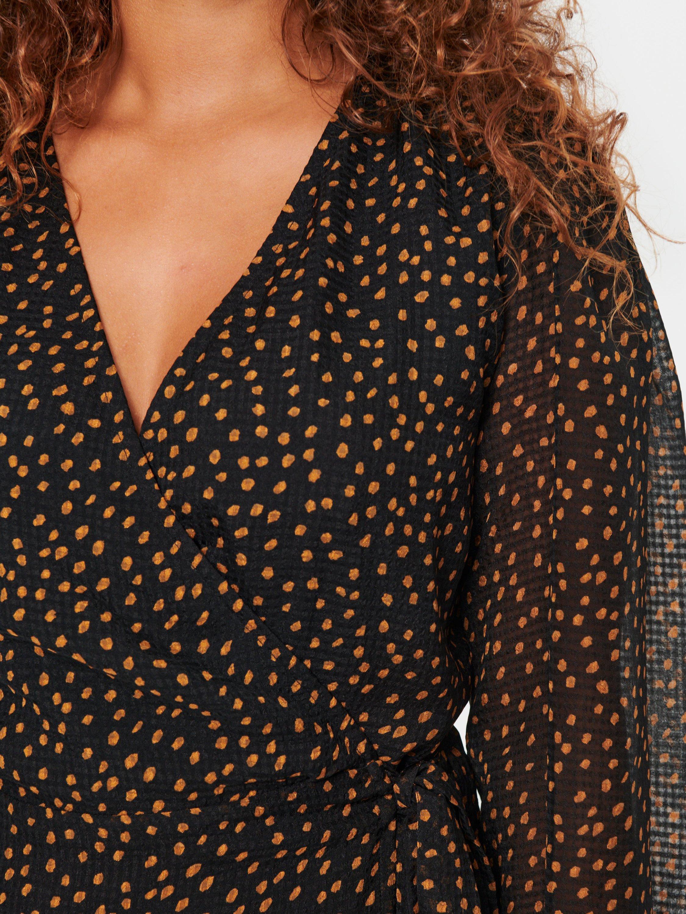 Product image 4 of 6, which shows Saint Tropez Lalah Spot Print Chiffon Wrap Dress, Black/Camel, XS