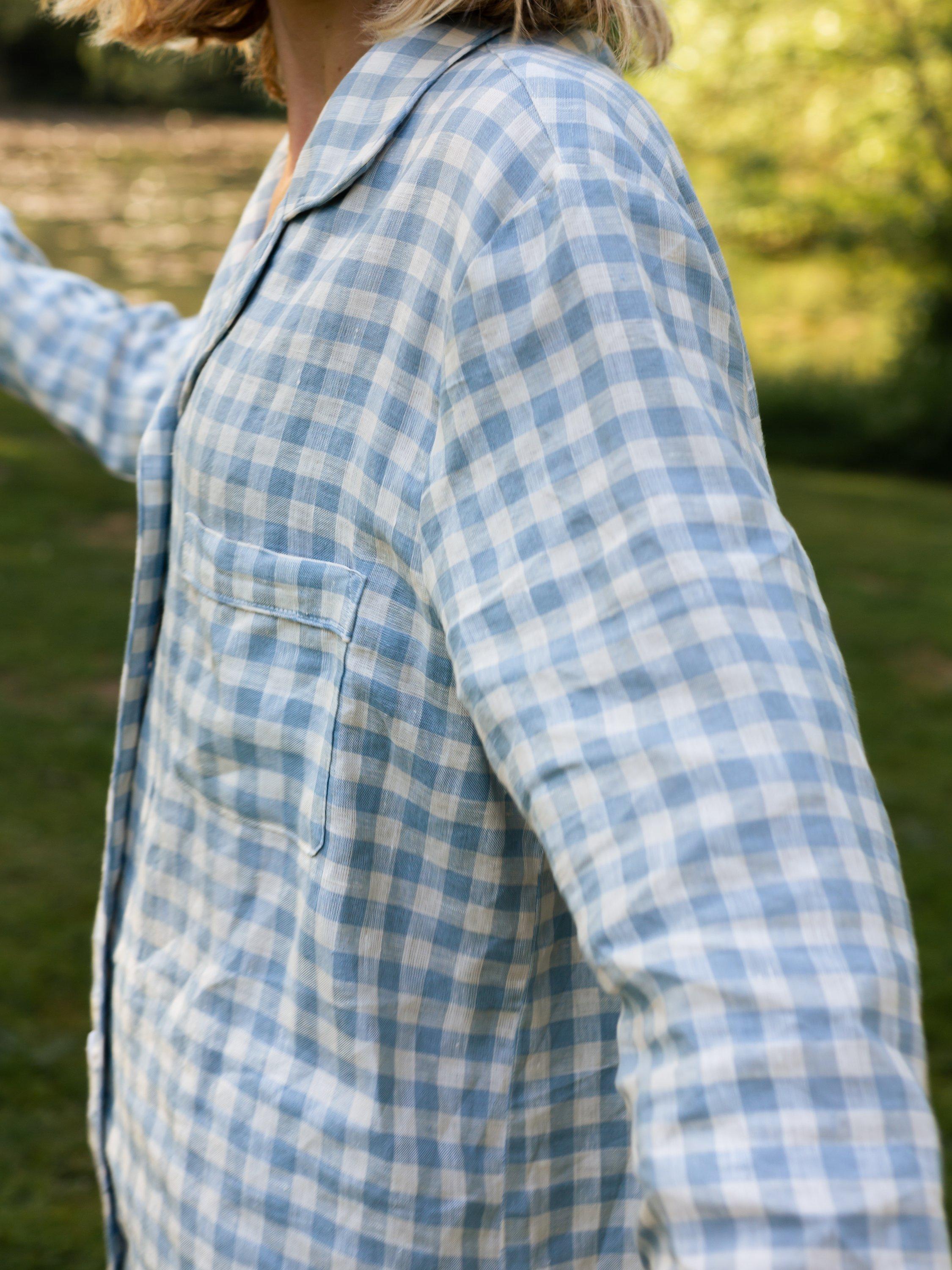 Product image 1 of 4, which shows Piglet in Bed Gingham Pyjama Trouser Set, Warm Blue Gingham, XS