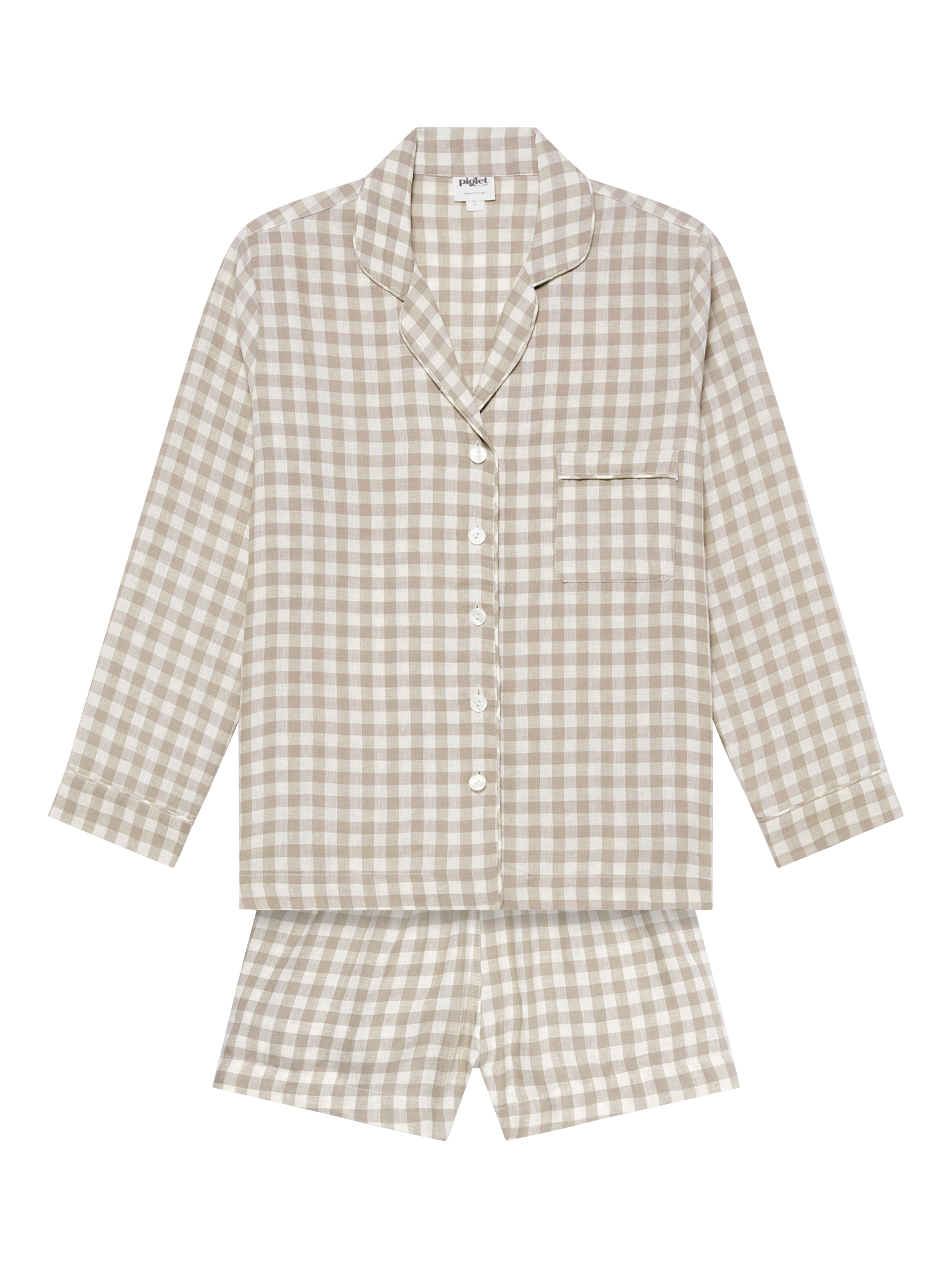 Product image 1 of 4, which shows Piglet in Bed Linen Gingham Short Pyjama Set, Mushroom, XS