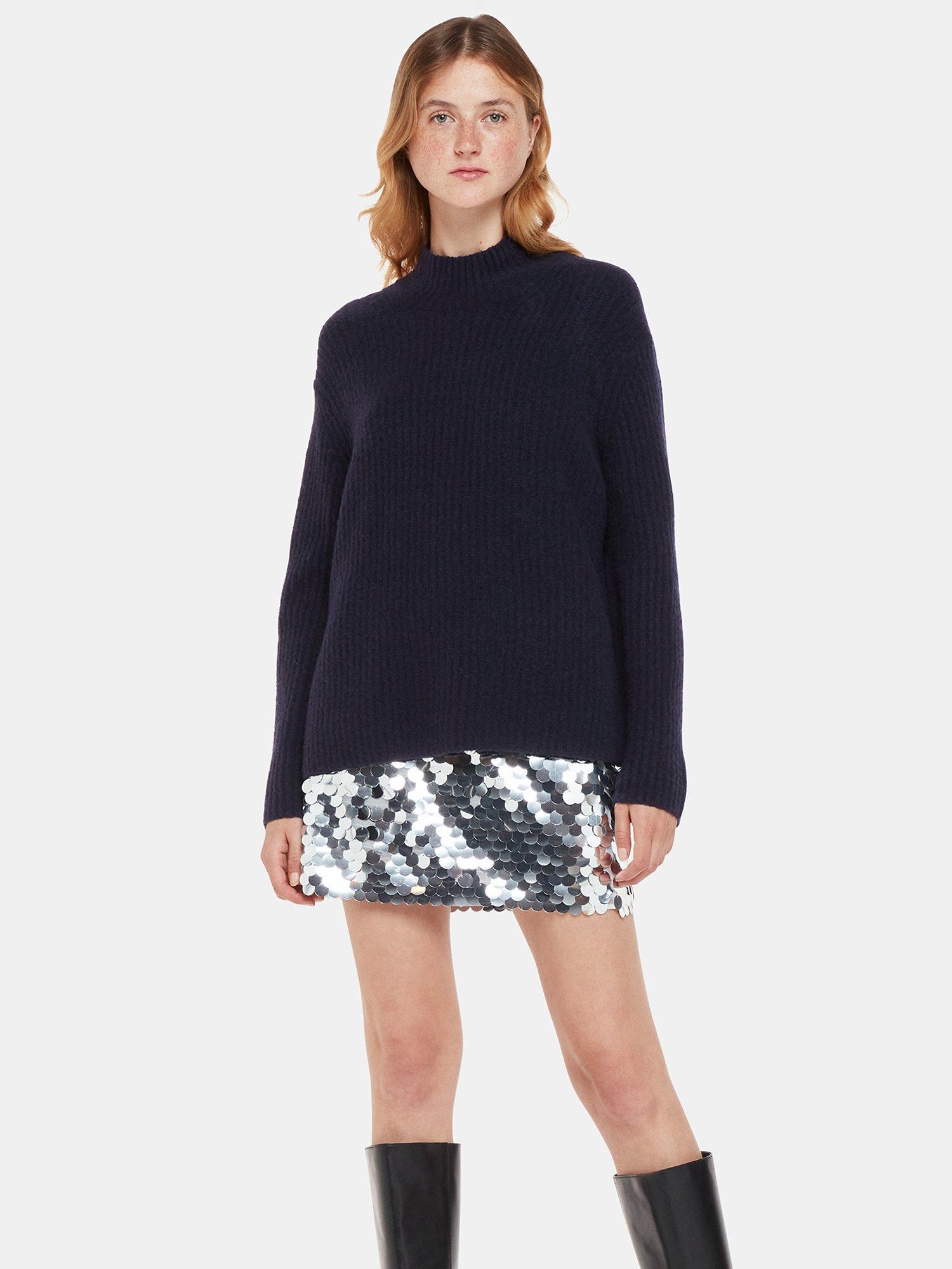 Product image 1 of 6, which shows Whistles Wool Blend Rib Knit Funnel Neck Jumper, Navy, XS