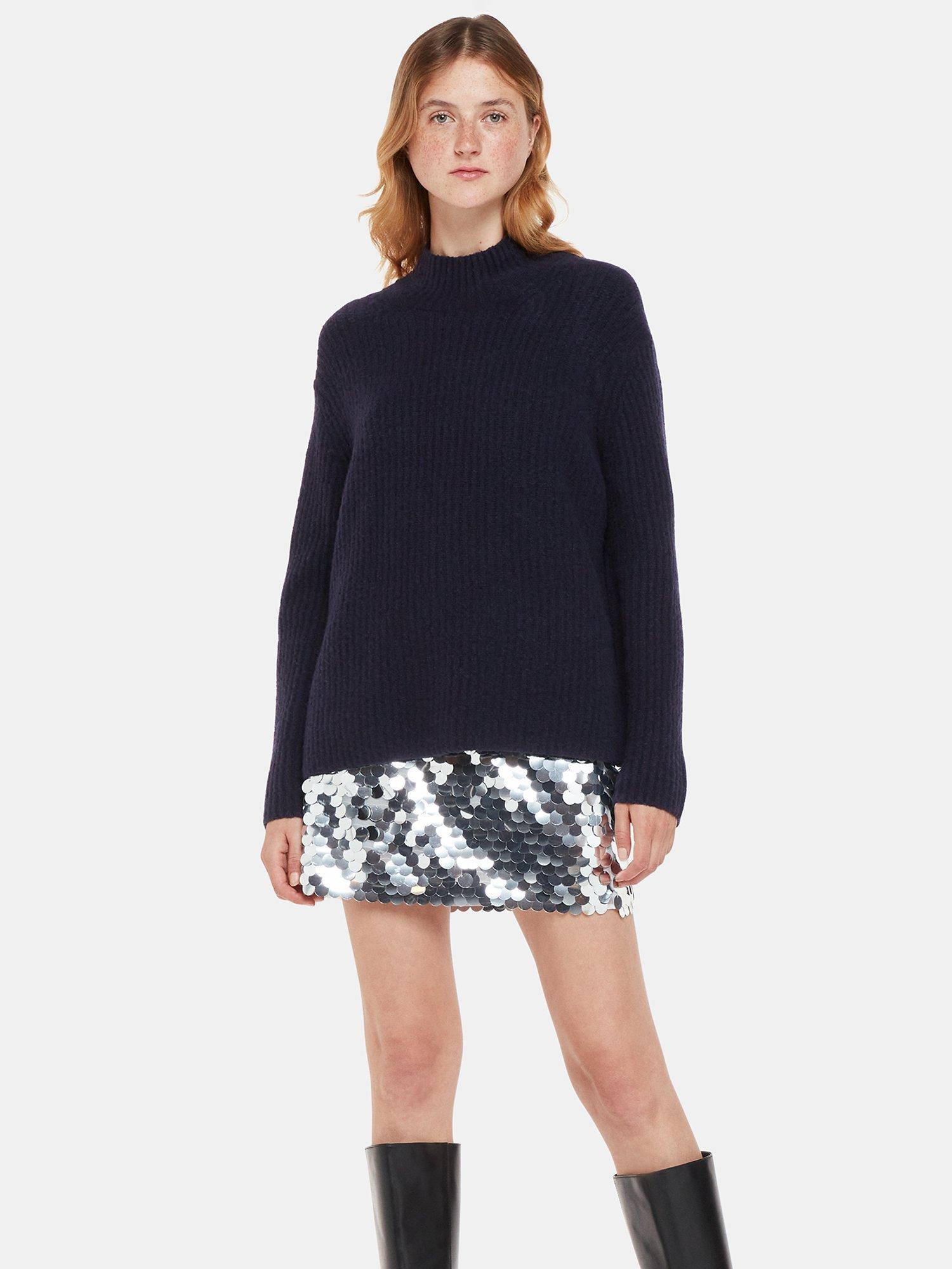 Whistles Wool Blend Rib Knit Funnel Neck Jumper, Navy, S