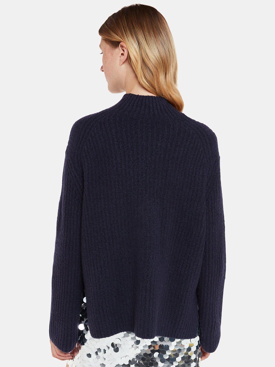 Product image 2 of 6, which shows Whistles Wool Blend Rib Knit Funnel Neck Jumper, Navy, XS