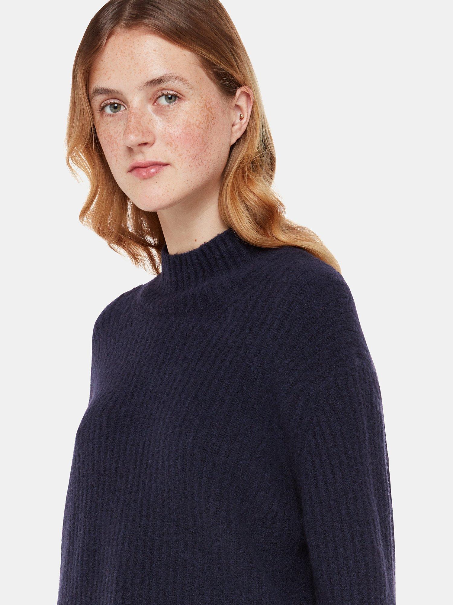 Product image 3 of 6, which shows Whistles Wool Blend Rib Knit Funnel Neck Jumper, Navy, XS