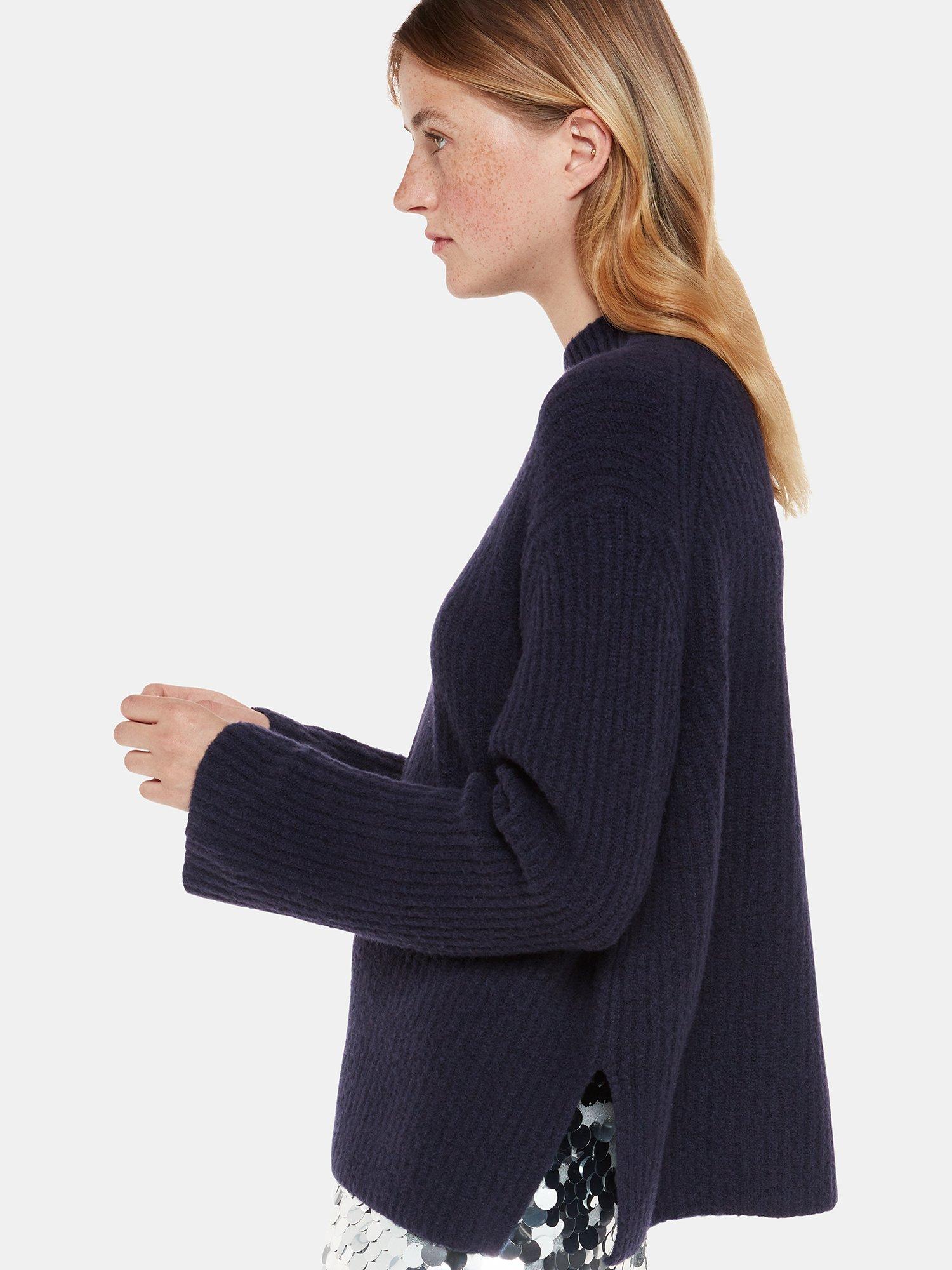 Product image 4 of 6, which shows Whistles Wool Blend Rib Knit Funnel Neck Jumper, Navy, XS