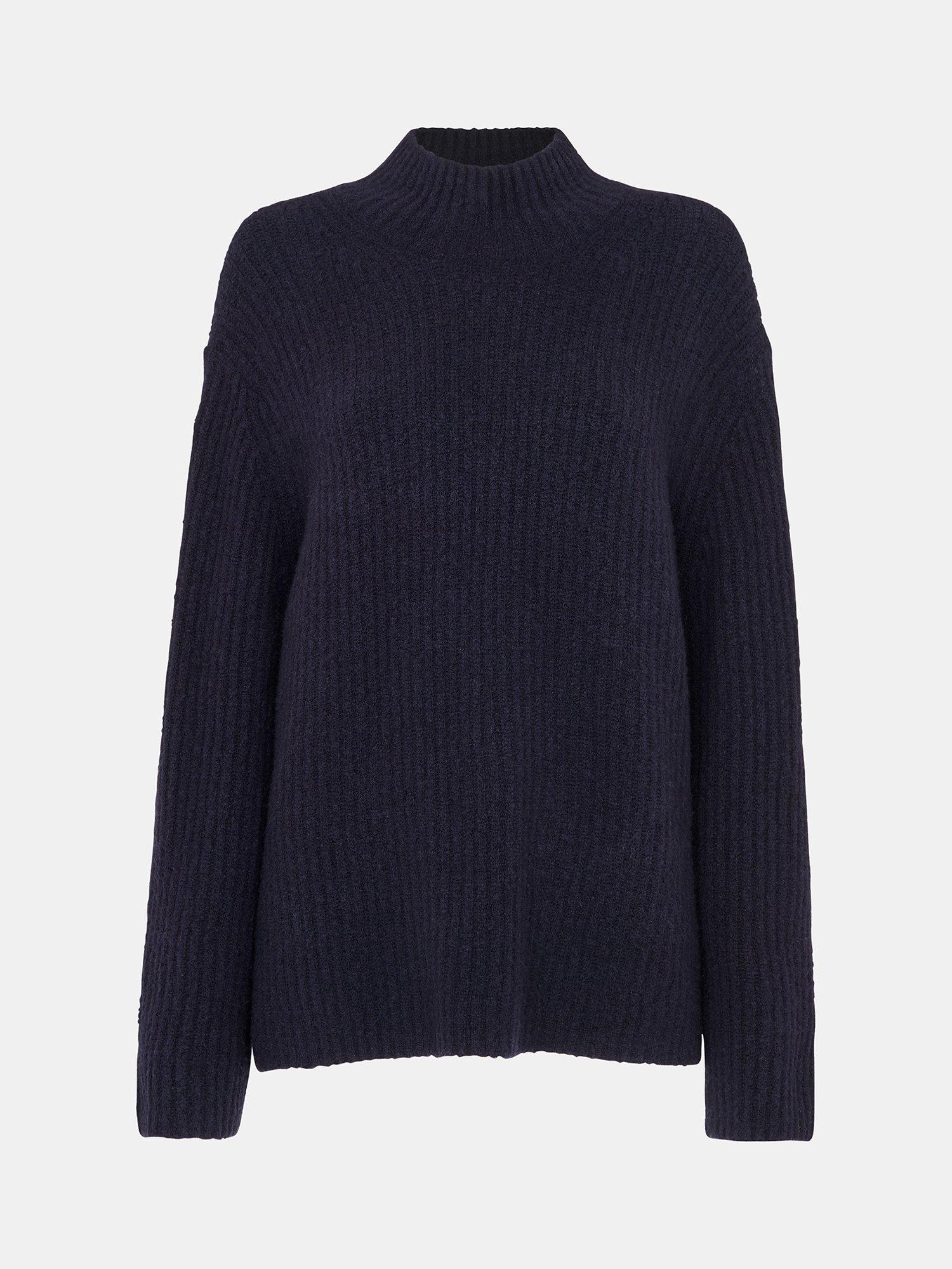 Product image 6 of 6, which shows Whistles Wool Blend Rib Knit Funnel Neck Jumper, Navy, XS