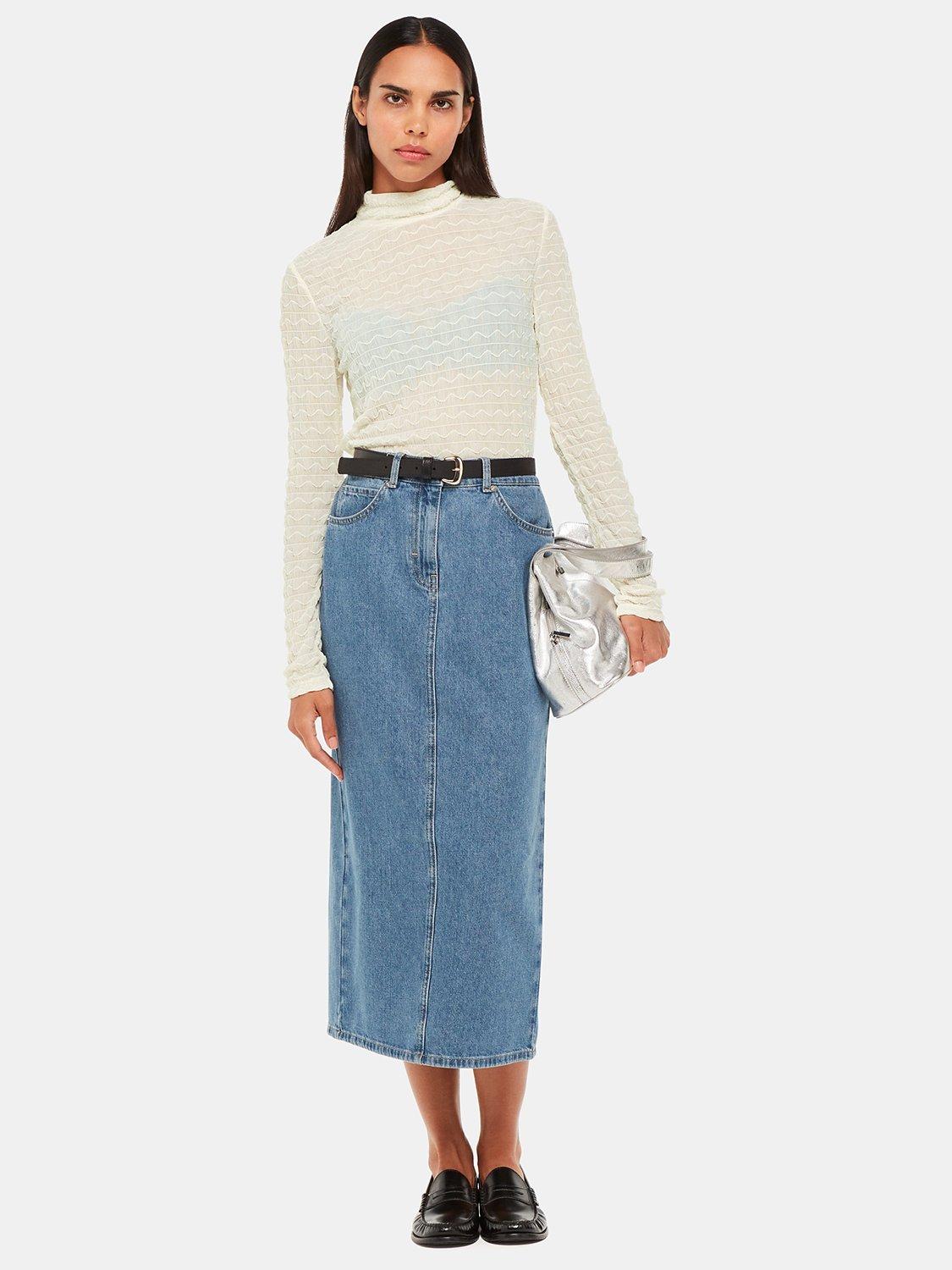 Product image 3 of 6, which shows Whistles Textured Ruched Roll Neck Top, White, 6