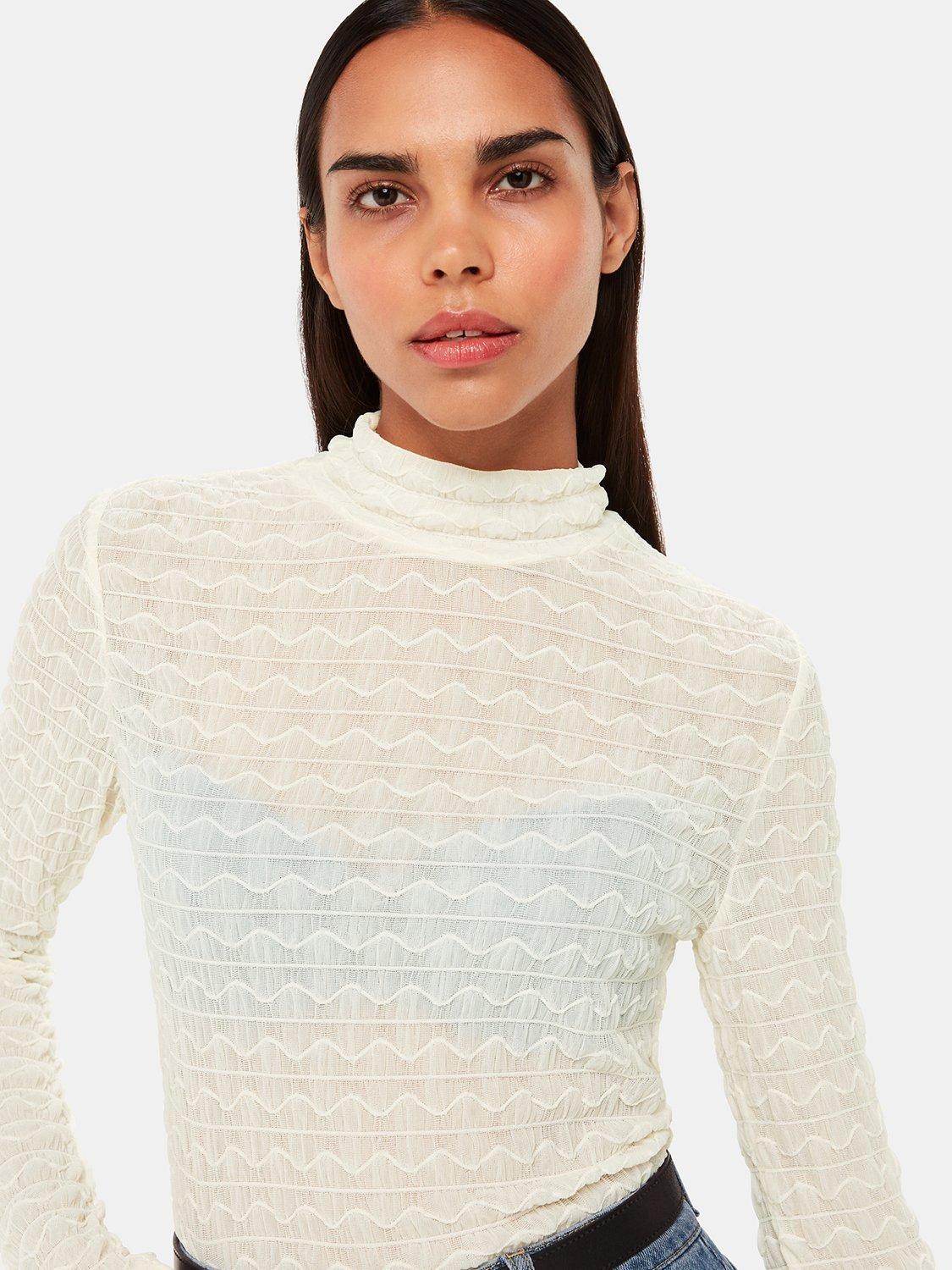 Product image 4 of 6, which shows Whistles Textured Ruched Roll Neck Top, White, 6
