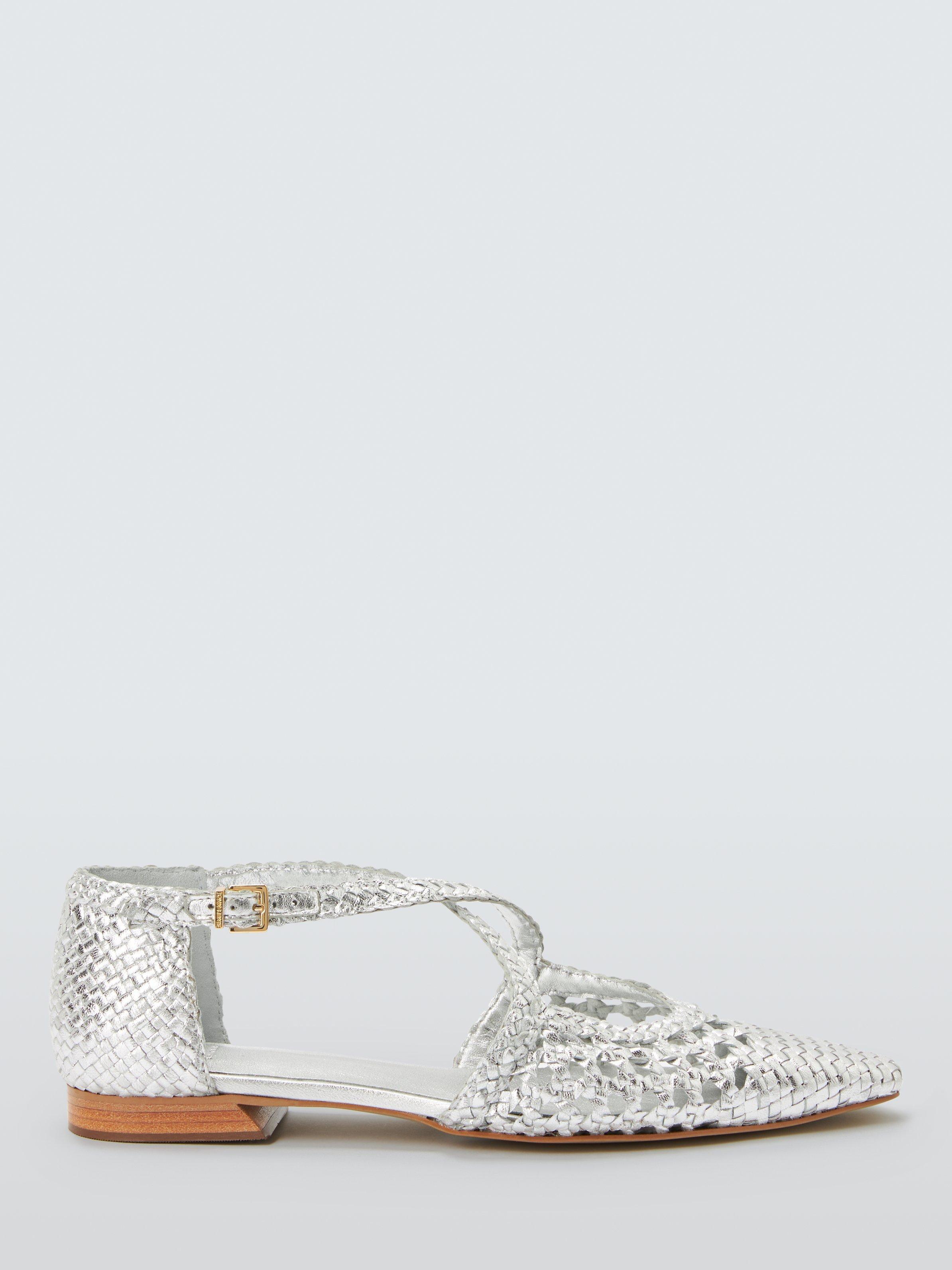 Product image 1 of 6, which shows John Lewis Happie Leather Woven Cross Strap Pointed Flats, Silver, 8
