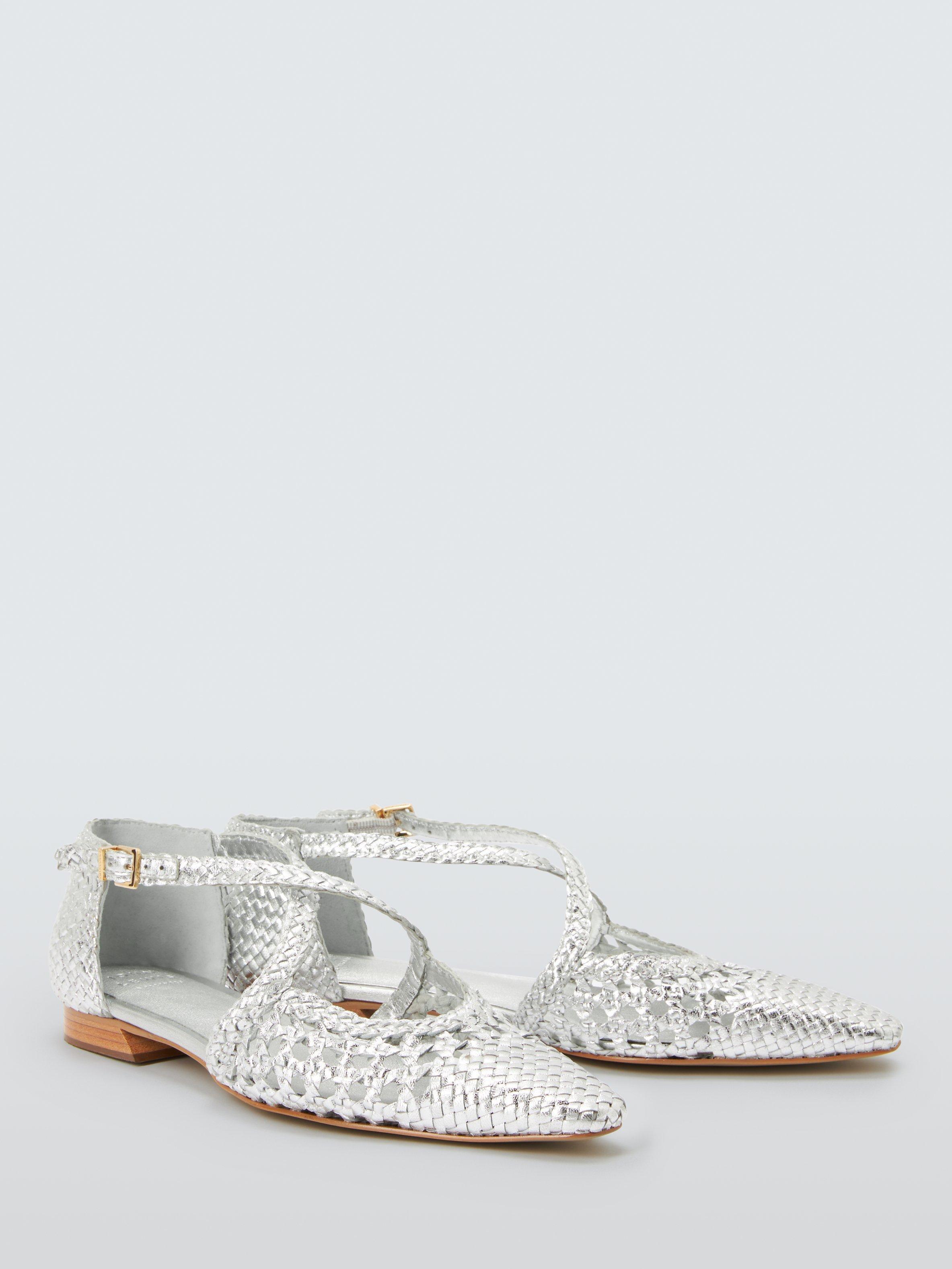 Product image 3 of 6, which shows John Lewis Happie Leather Woven Cross Strap Pointed Flats, Silver, 8