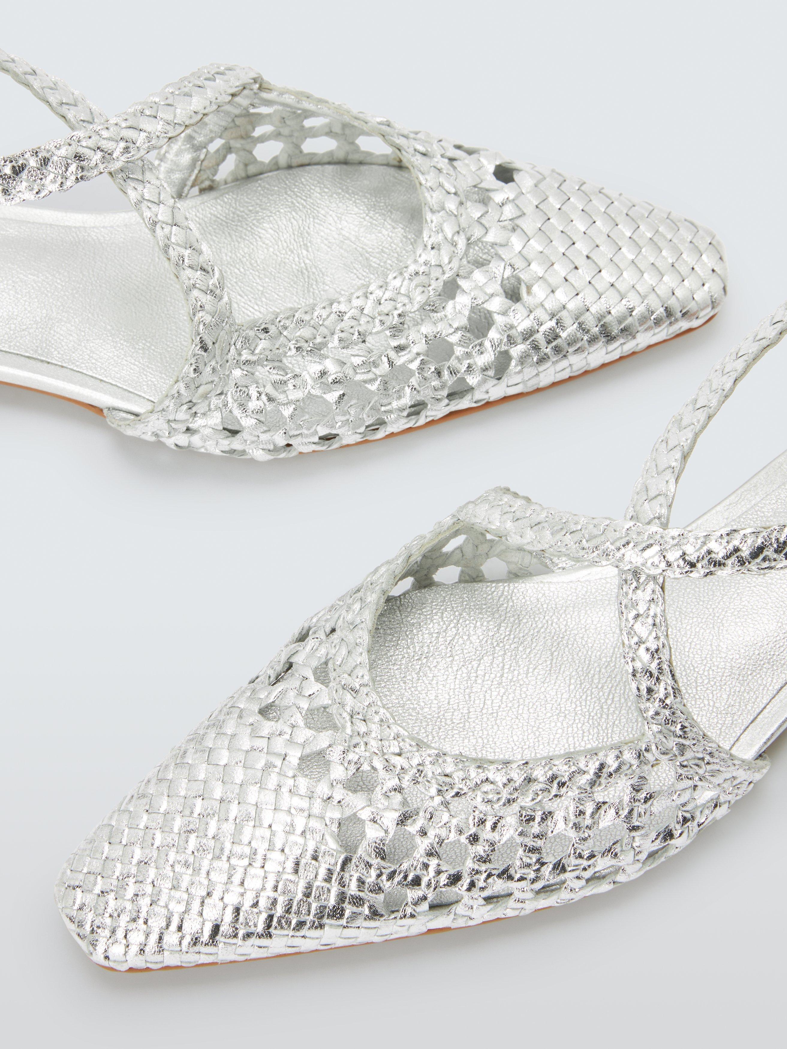 Product image 4 of 6, which shows John Lewis Happie Leather Woven Cross Strap Pointed Flats, Silver, 8