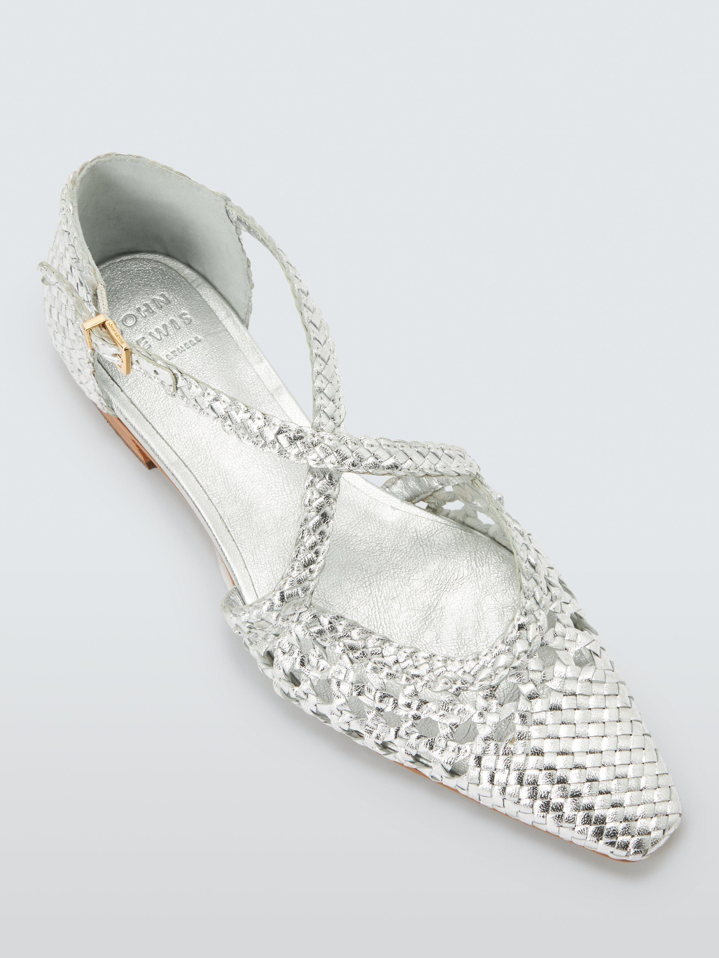 Product image 5 of 6, which shows John Lewis Happie Leather Woven Cross Strap Pointed Flats, Silver, 8