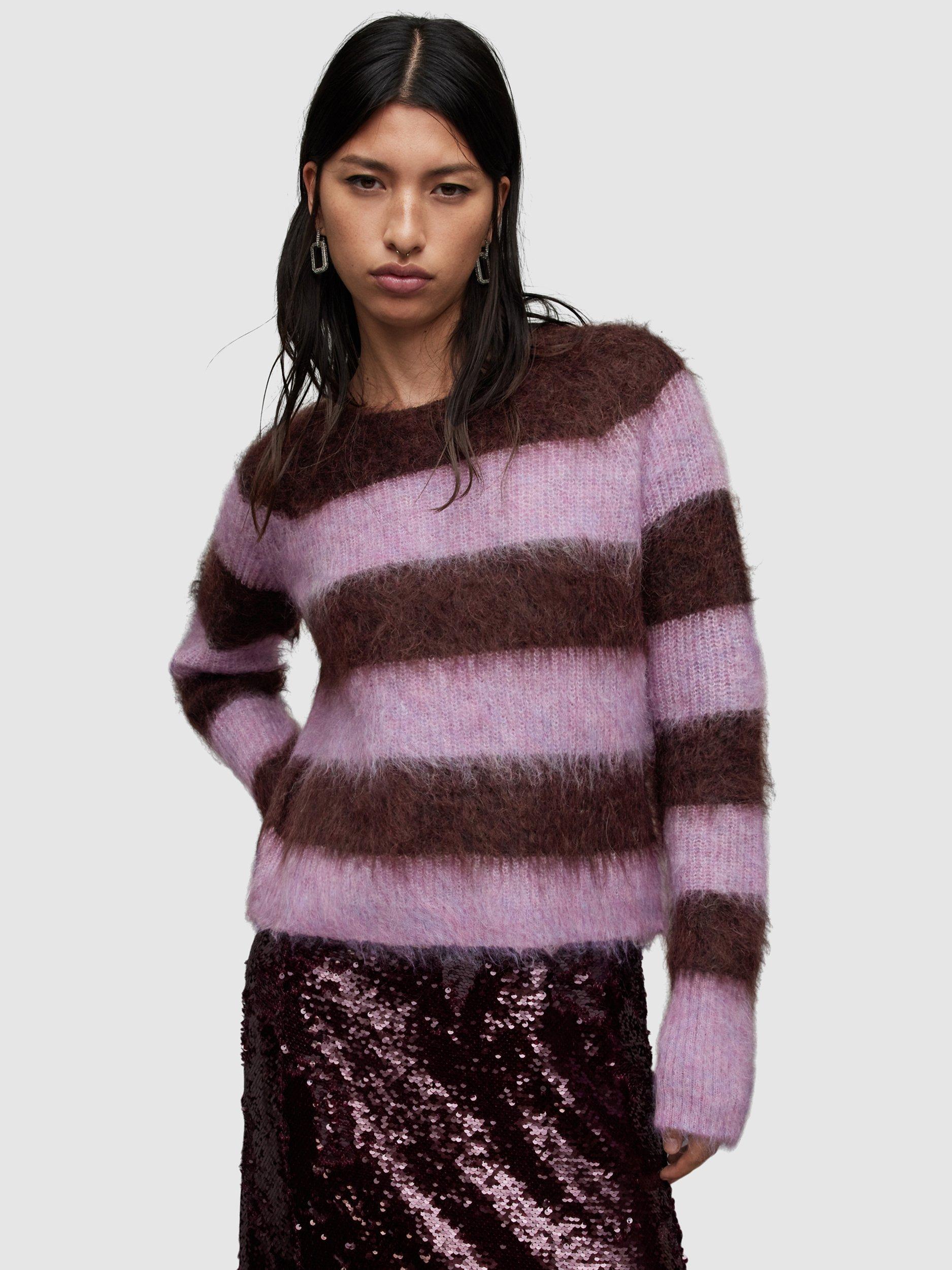 AllSaints Lou Brushed Stripe Jumper, Raisin Red/Lilac