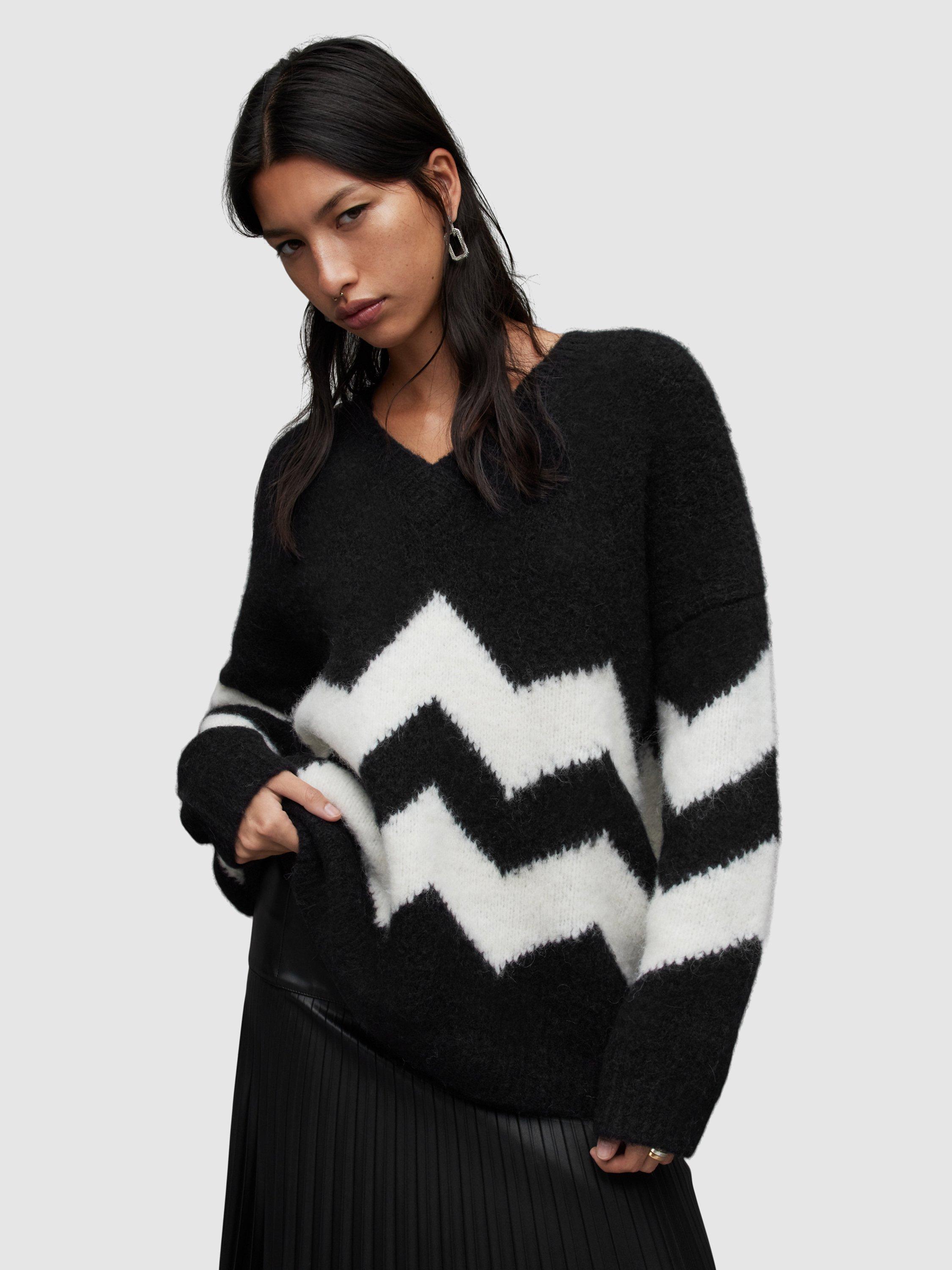 AllSaints Ziggi Alpaca Blend V-Neck Jumper, Black/Chalk White
