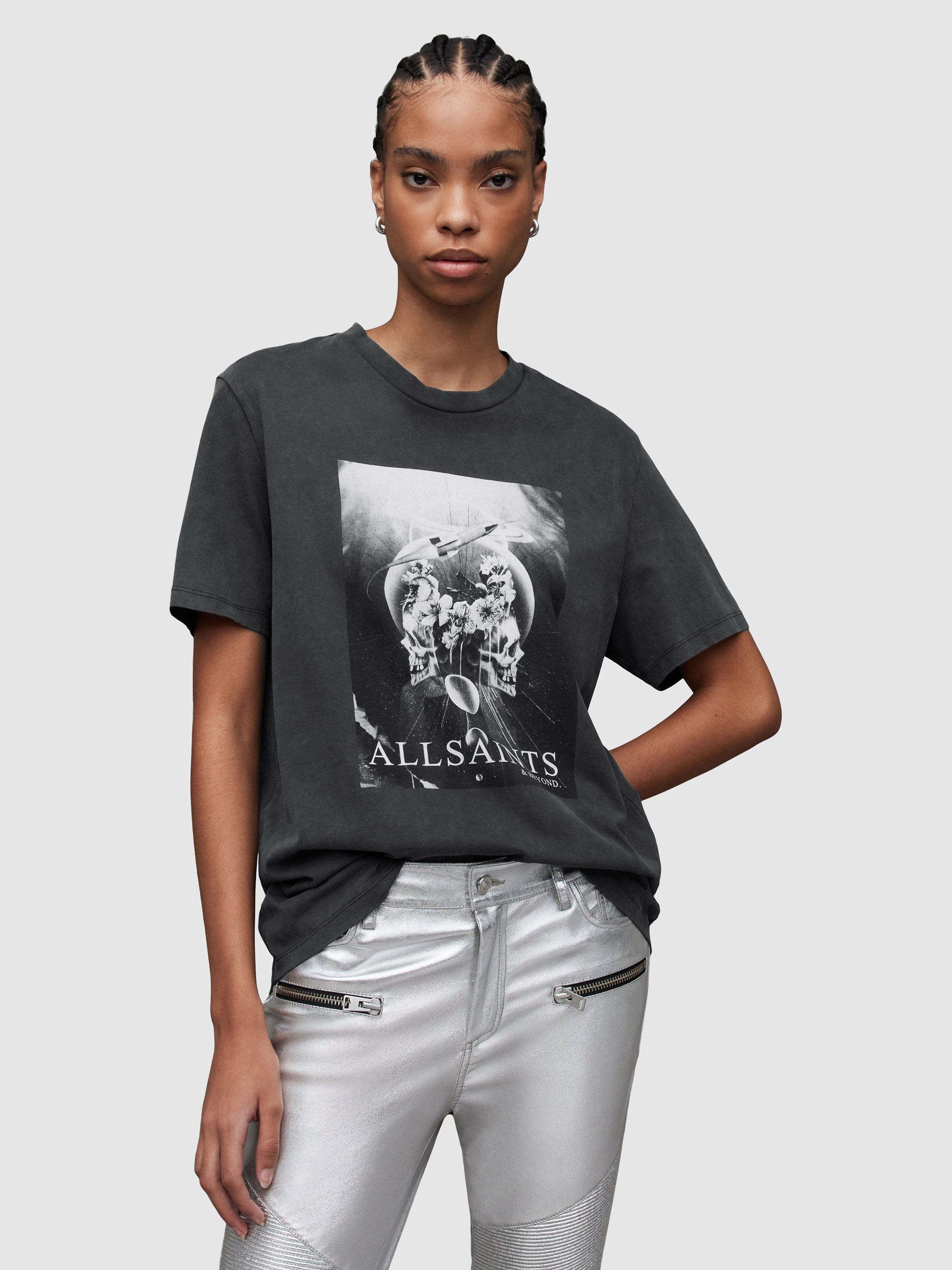 Product image 1 of 7, which shows AllSaints Interskulla Boyfriend T-Shirt, Washed Black, XS