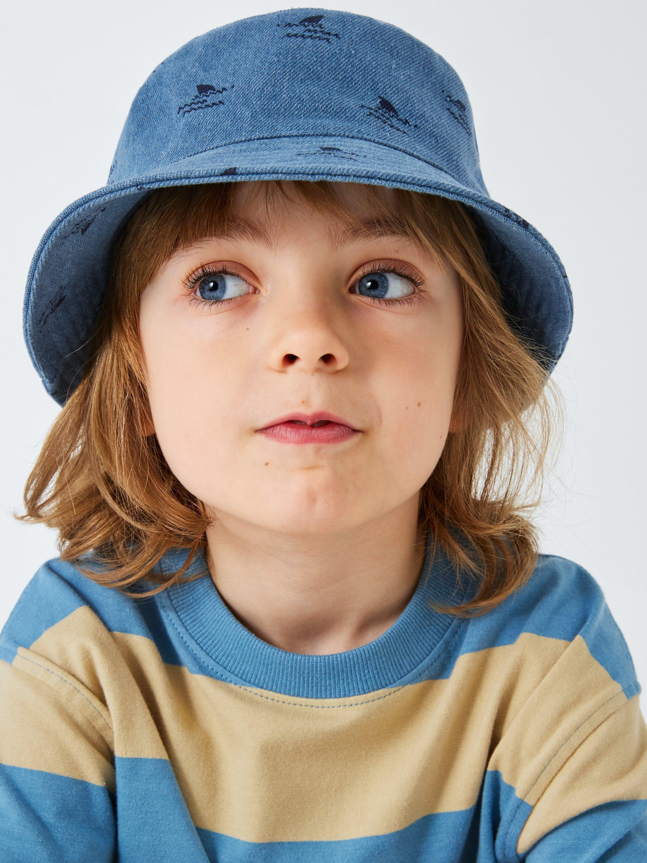 Product image 1 of 3, which shows John Lewis Kids' Shark Denim Bucket Hat, Mid Blue, 6-8 years