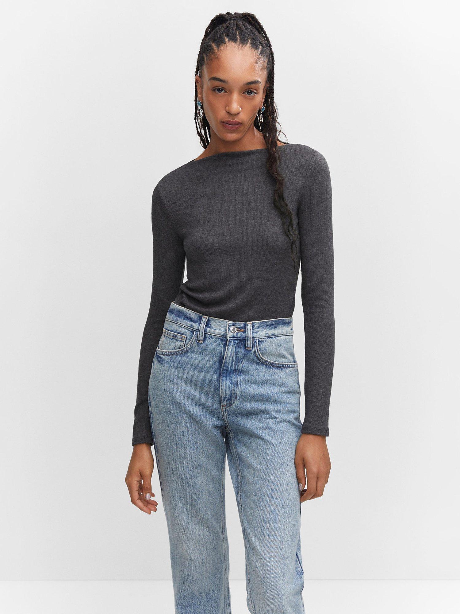 Mango Lilobar Ribbed Top, Dark Grey