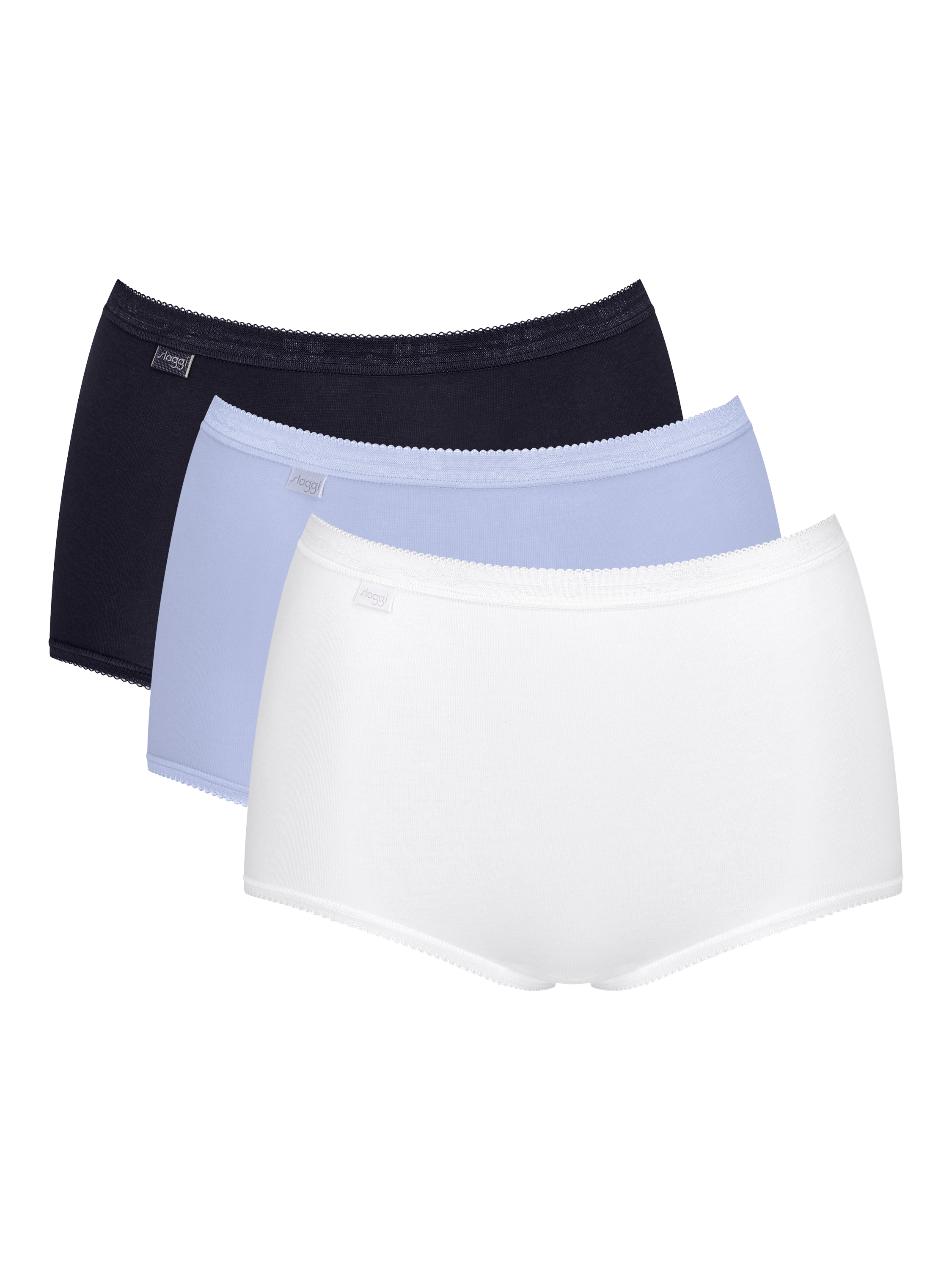 Product image 2 of 7, which shows sloggi Basic+ Maxi Cotton Briefs, Pack of 3, Blac/Blue/White, 10