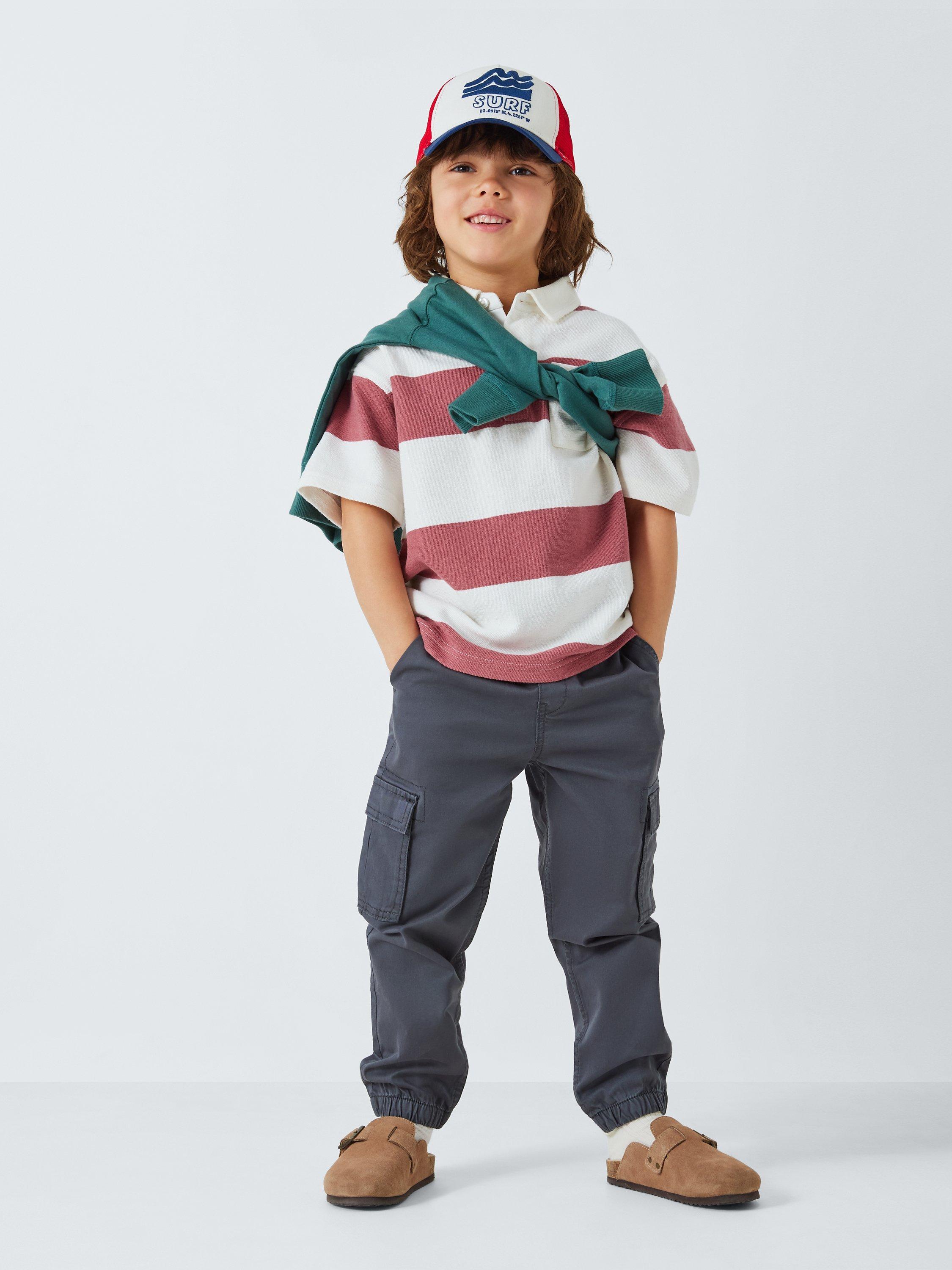 Product image 2 of 7, which shows John Lewis Kids' Block Stripe Pocket Polo Shirt, Red/Multi, 2 years